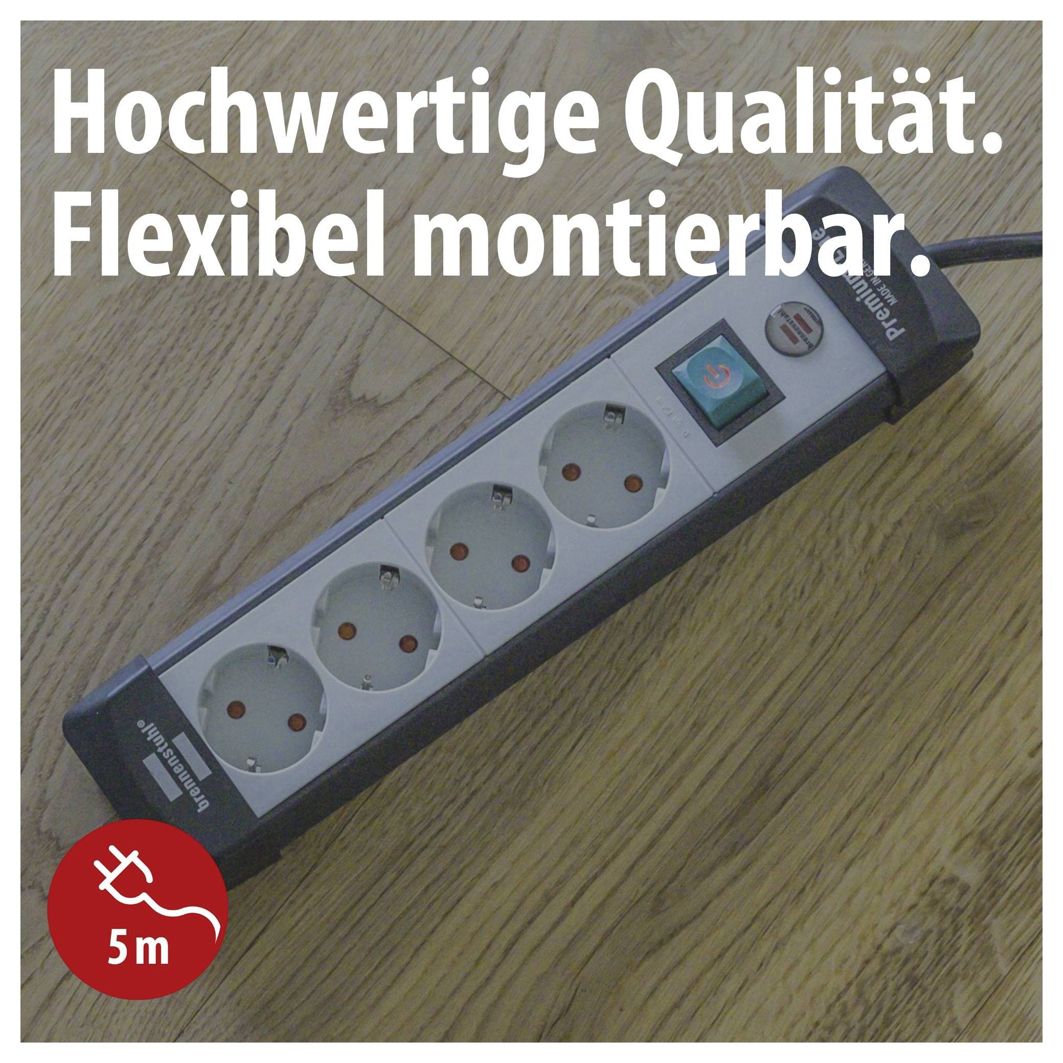 Steckdosenleiste mit fünf Anschlüssen und Schalter auf Holzboden, beworben mit 'Hochwertige Qualität. Flexibel montierbar.' und 5 m Kabellänge.