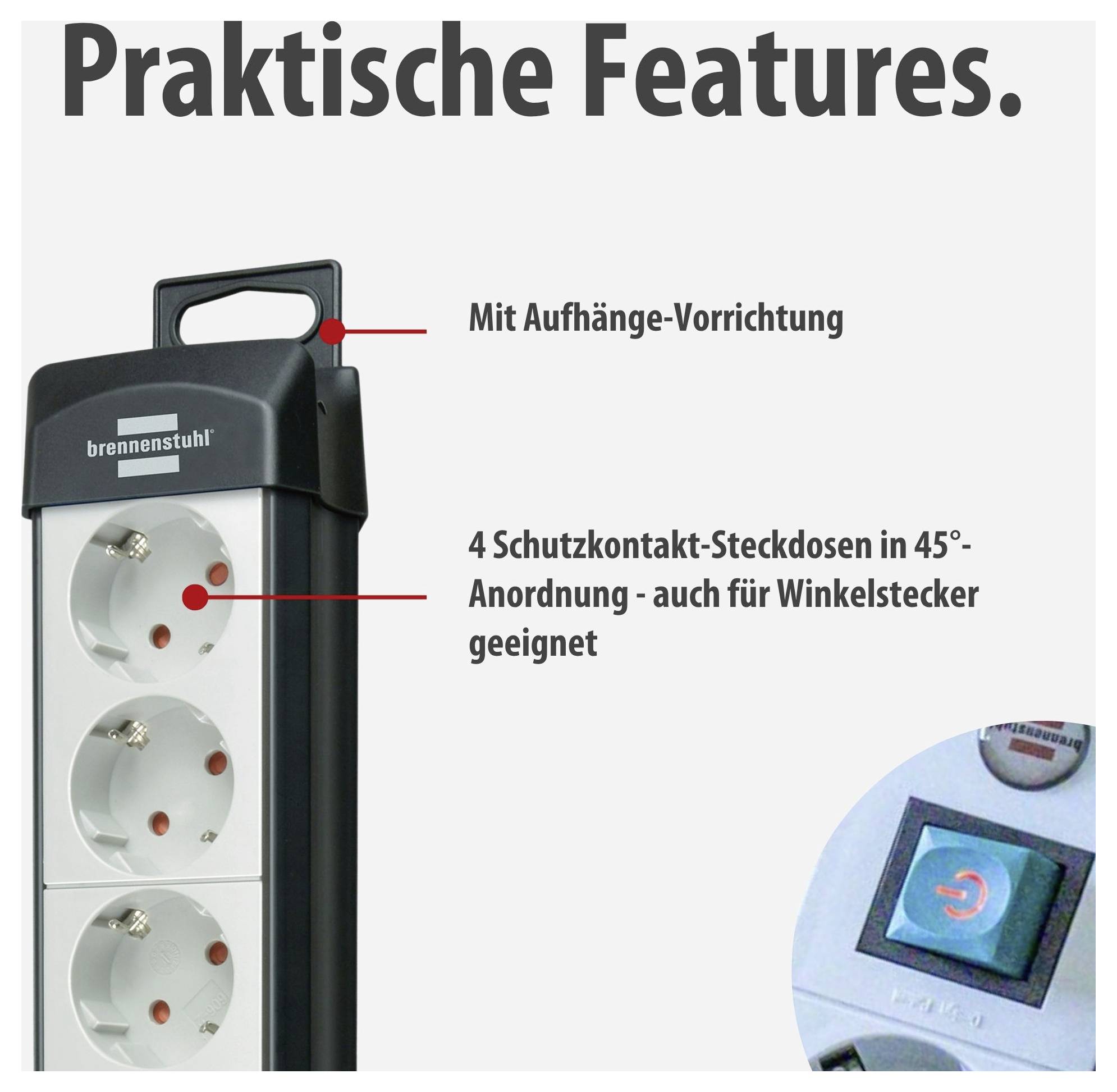 Produktabbildung einer Steckdosenleiste mit Tragegriff, Aufhänge-Vorrichtung und 4 Schutzkontakt-Steckdosen in 45°-Anordnung; Hinweis auf Winkelerstecker und beleuchteten Schalter.