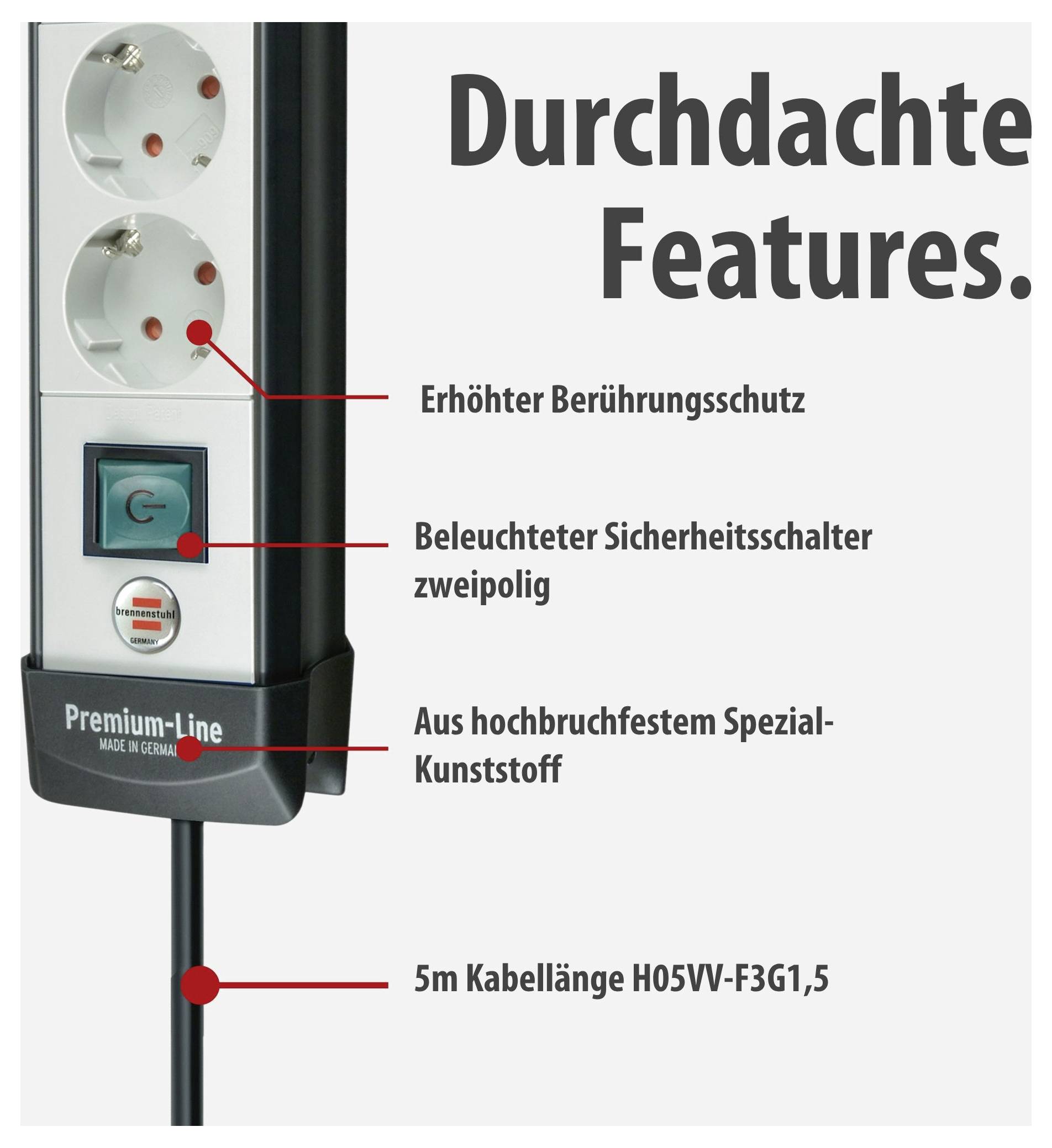 Werbung für eine Steckdosenleiste mit 'durchdachten Features': erhöhter Berührungsschutz, beleuchteter zweipoliger Sicherheitsschalter, bruchfester Spezial-Kunststoff, 5 m Kabel.