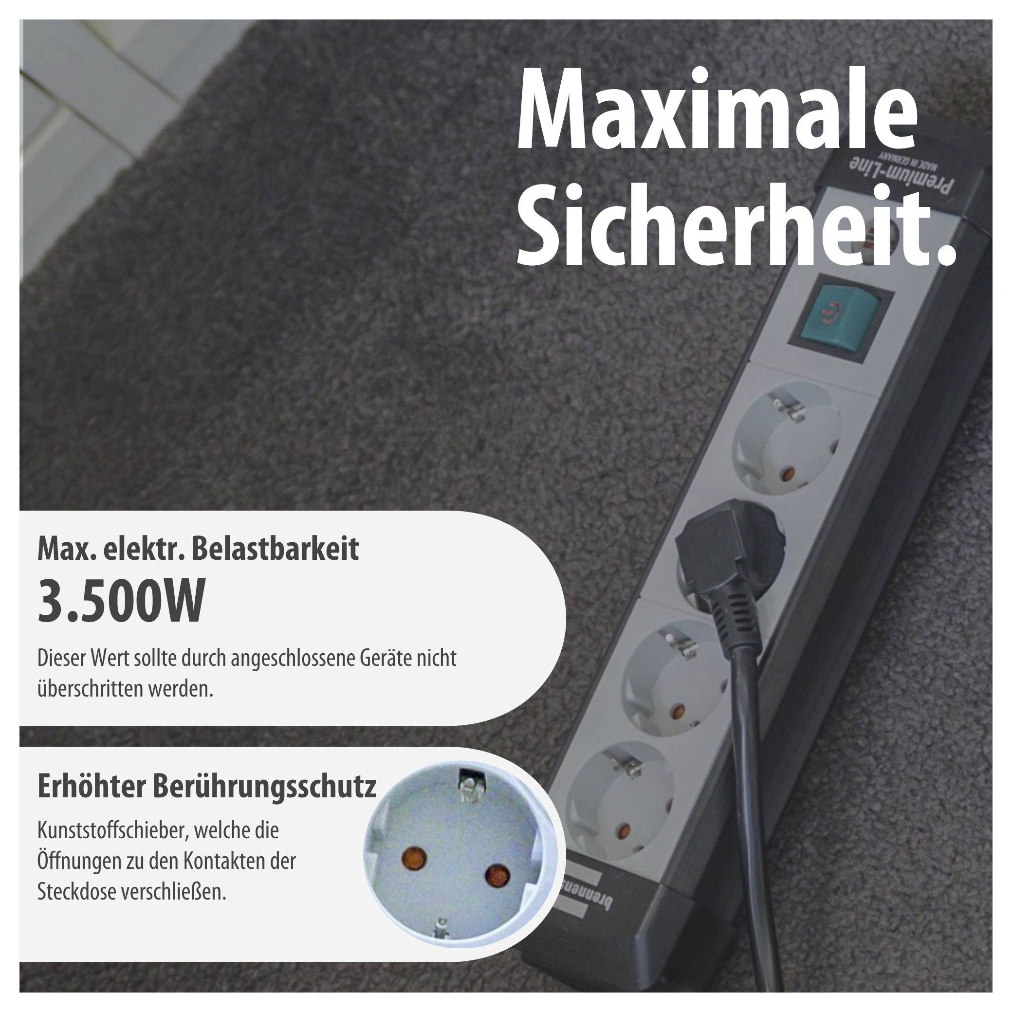 Werbung für eine Steckdosenleiste mit Kabel und beleuchteten Schaltern; Text: 'Maximale Sicherheit', max. Belastbarkeit 3.500 W, erhöhter Berührungsschutz.