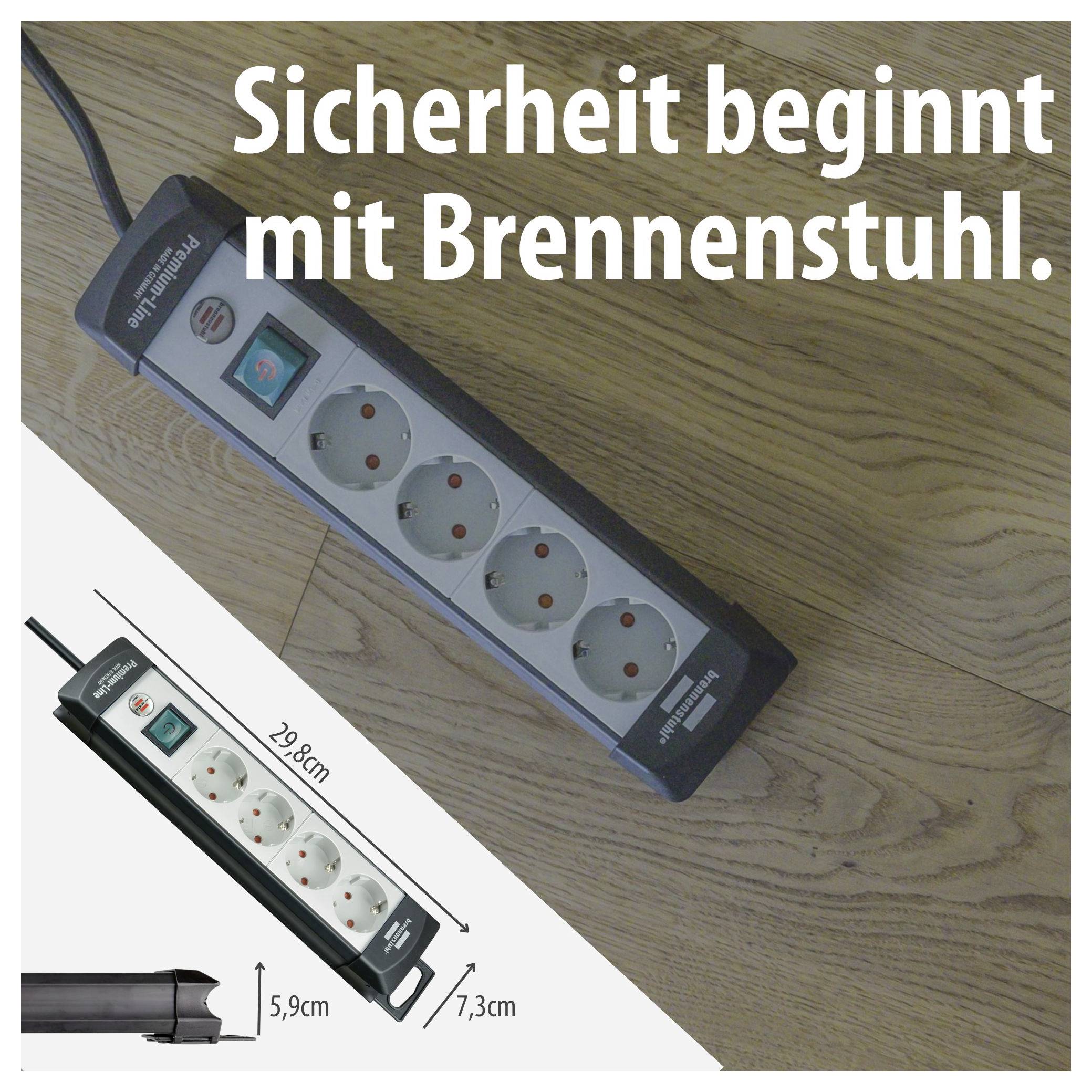 Werbebild einer Brennenstuhl-Steckdosenleiste auf Holzboden mit Text 'Sicherheit beginnt mit Brennenstuhl.' und Maßangaben 29,8 cm, 5,9 cm, 7,3 cm.