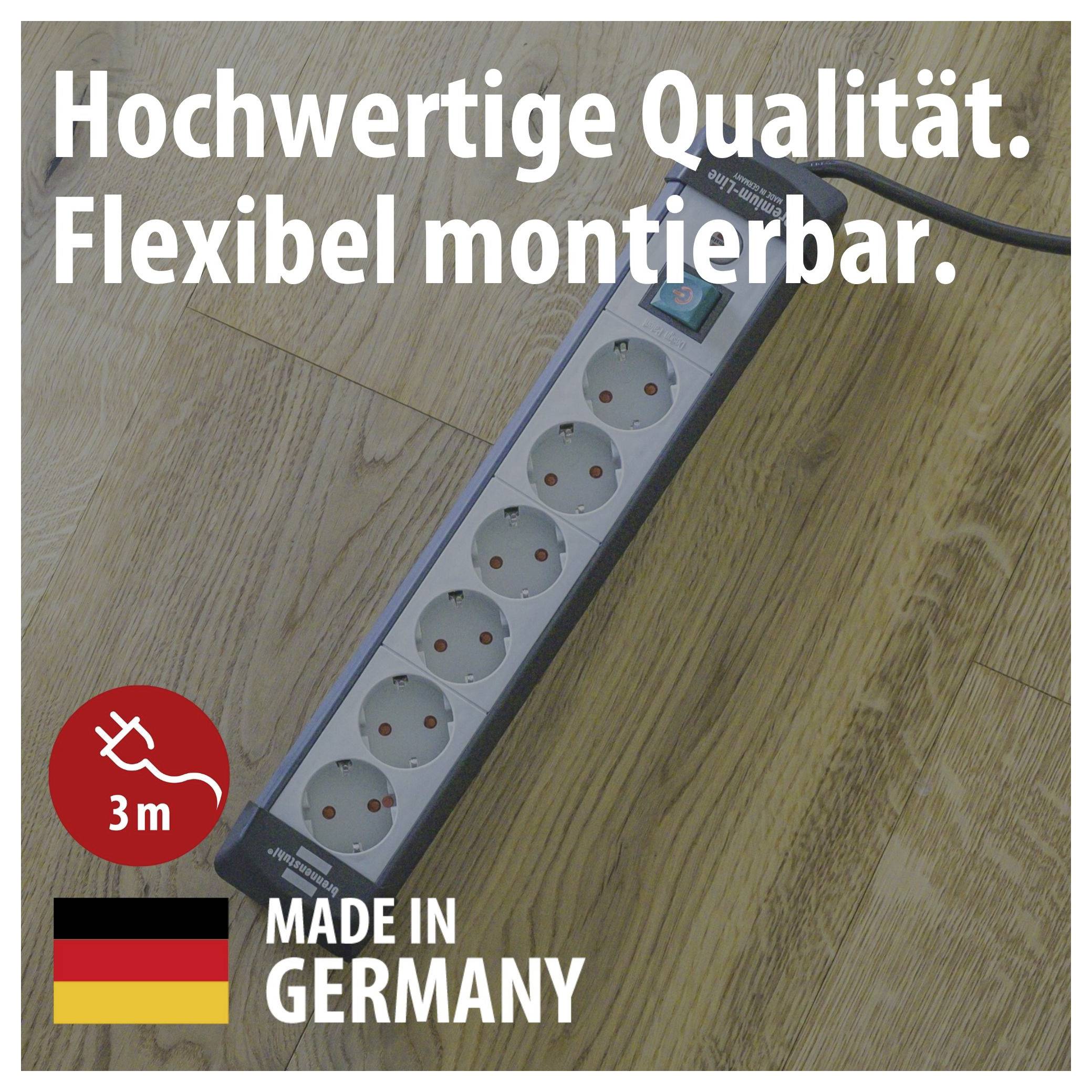 Steckdosenleiste auf Holzboden mit Text 'Hochwertige Qualität. Flexibel montierbar.', 3 m Kabellänge und 'Made in Germany'.