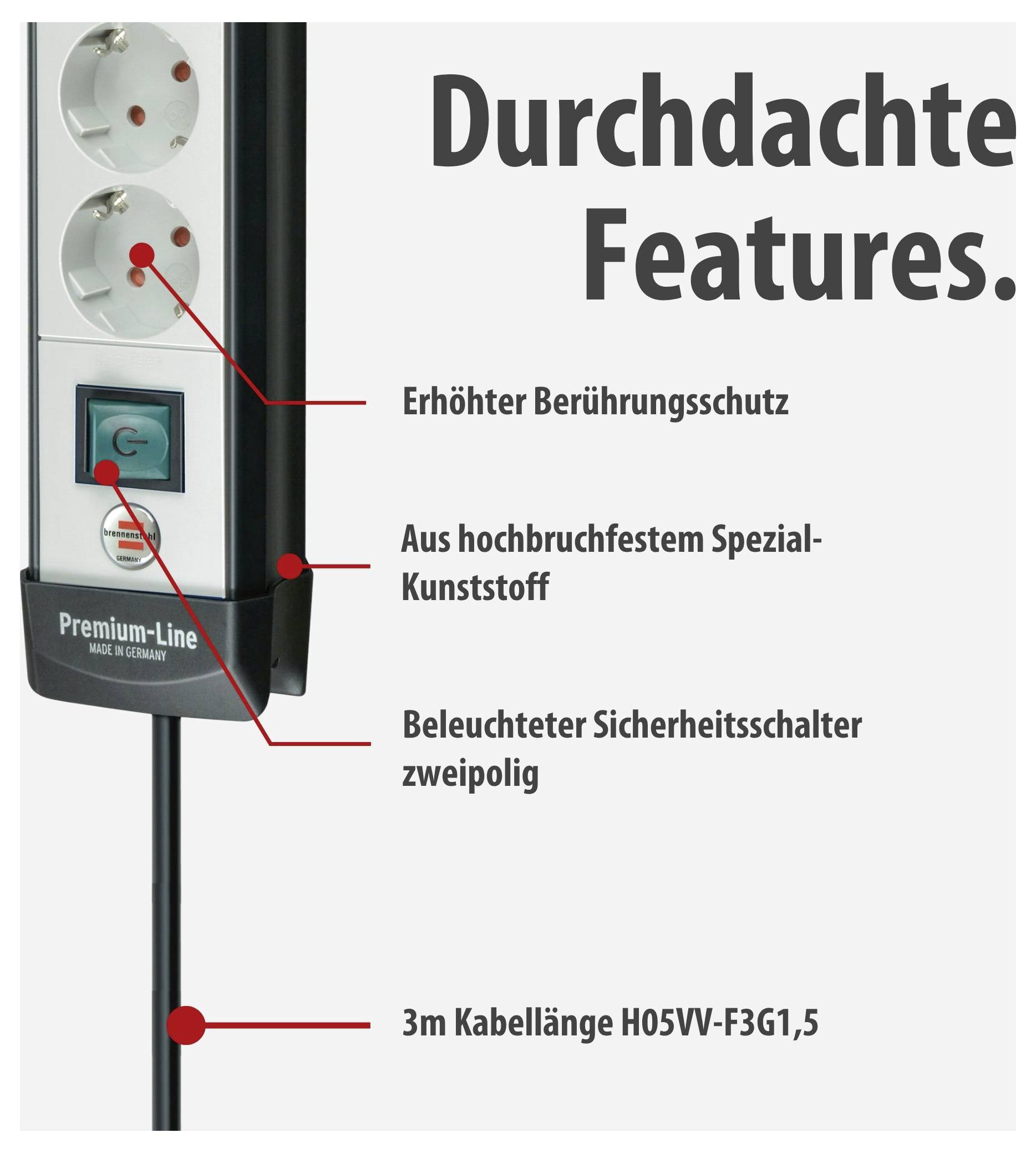 Werbeschaubild einer Steckdosenleiste mit 'Durchdachte Features': erhöhter Berührungsschutz, bruchfestes Kunststoffgehäuse, beleuchteter zweipoliger Sicherheitsschalter und 3 m Kabellänge.