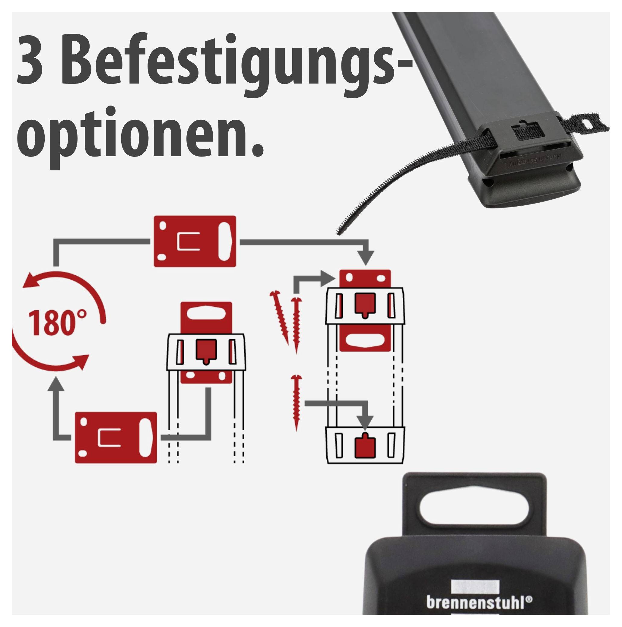 Infografik mit dem Text '3 Befestigungs-optionen': zeigt drei Montagearten für ein Gerät, inklusive 180°-Drehung und roter Pfeile/Markierungen zur Befestigung.