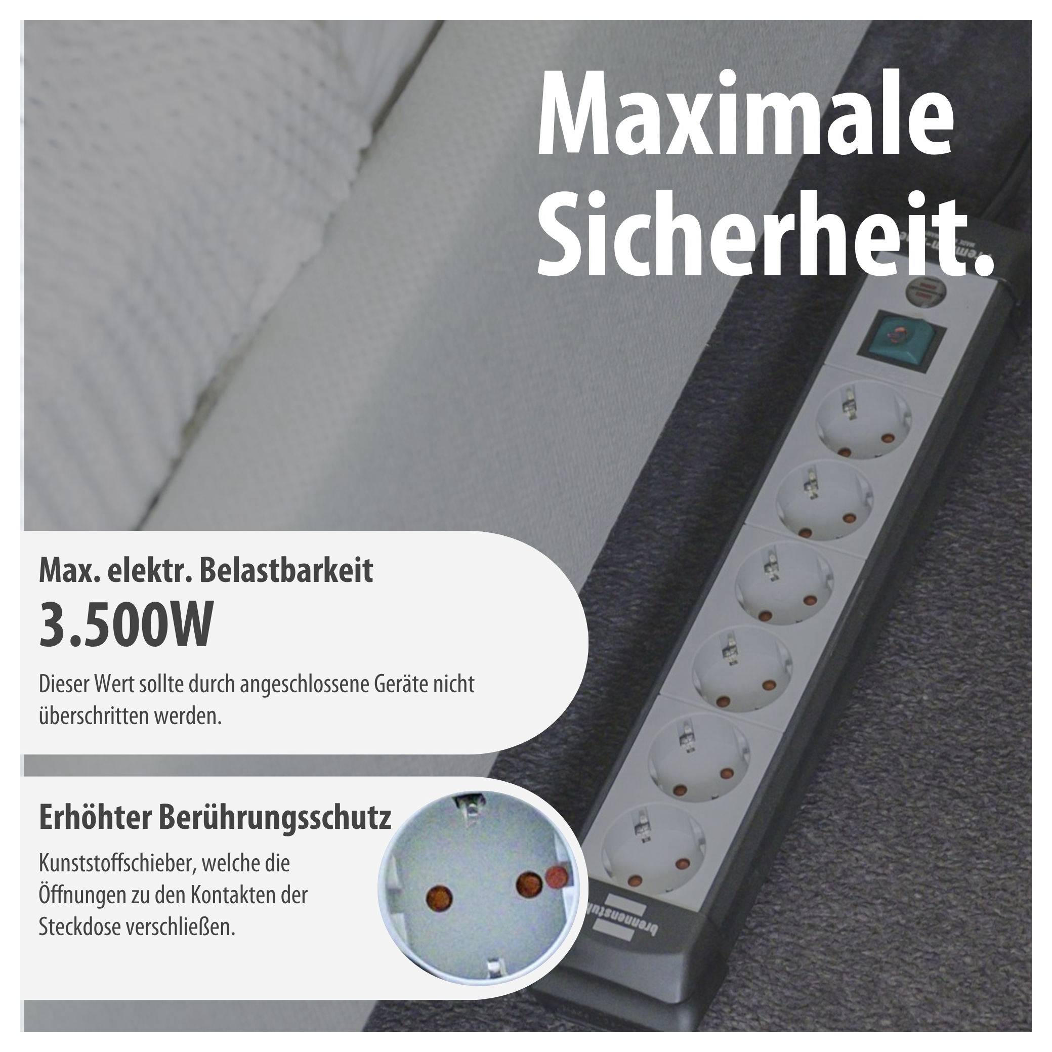 Werbeabbildung einer Steckdosenleiste mit dem Text 'Maximale Sicherheit', 3.500 W Belastbarkeit und erhöhtem Berührungsschutz durch Kindersicherungen.