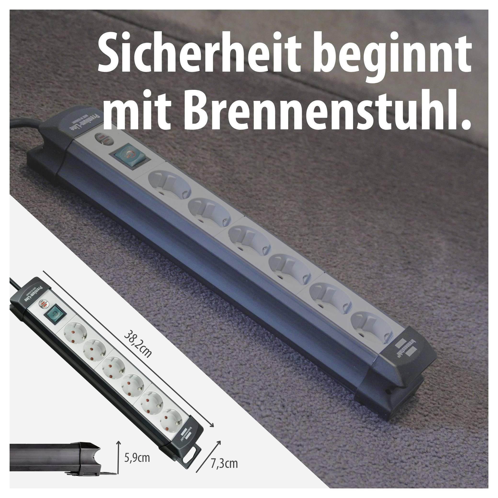 Werbebild einer Brennenstuhl-Steckdosenleiste mit Ein-/Ausschalter; Text 'Sicherheit beginnt mit Brennenstuhl.' und Maßangaben 38,2 cm, 5,9 cm, 7,3 cm.