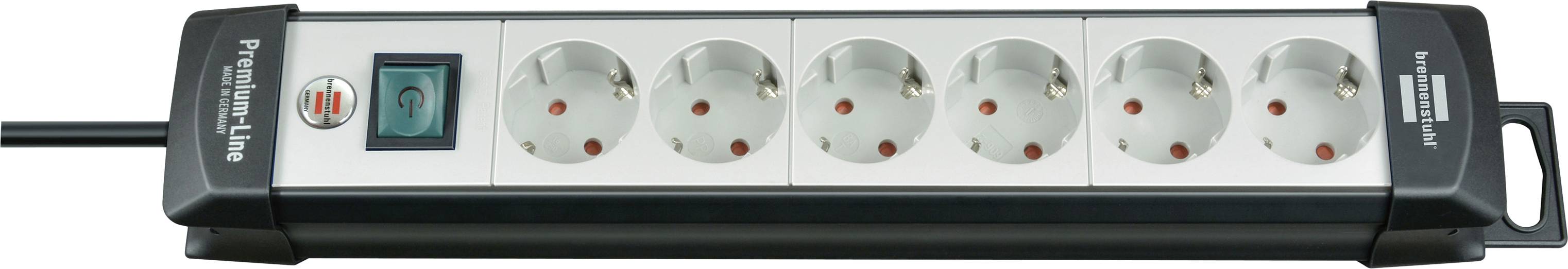 Stromleiste mit sechs Steckdosen, beleuchtetem Netzschalter und angebrachtem schwarzem Kabel.