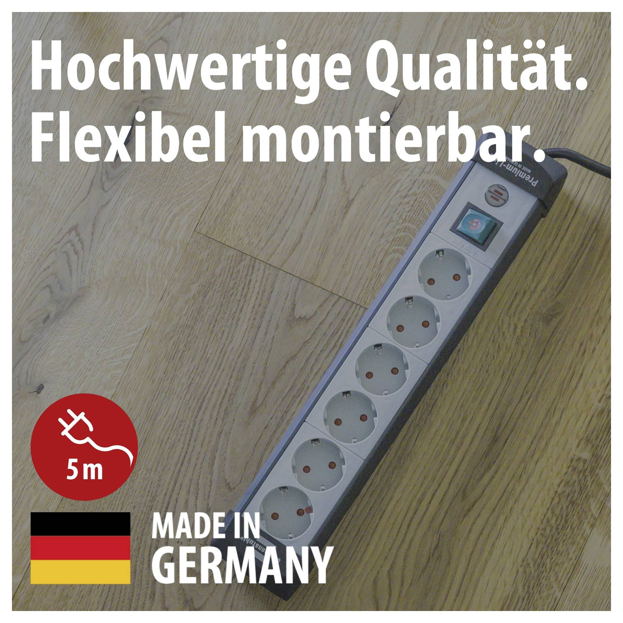 Mehrfachsteckdose auf Holzboden mit Text 'Hochwertige Qualität. Flexibel montierbar.', '5 m' und 'Made in Germany'.