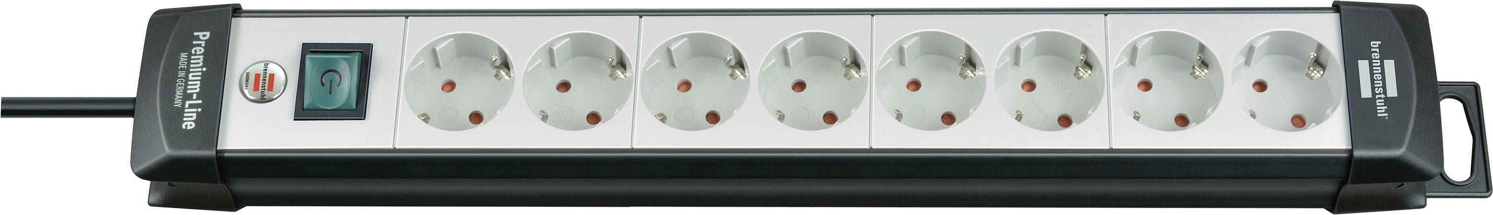 Eine weiße Steckerleiste mit acht Steckdosen, einem grün beleuchteten Schalter und einem schwarzen Stromkabel auf der linken Seite.