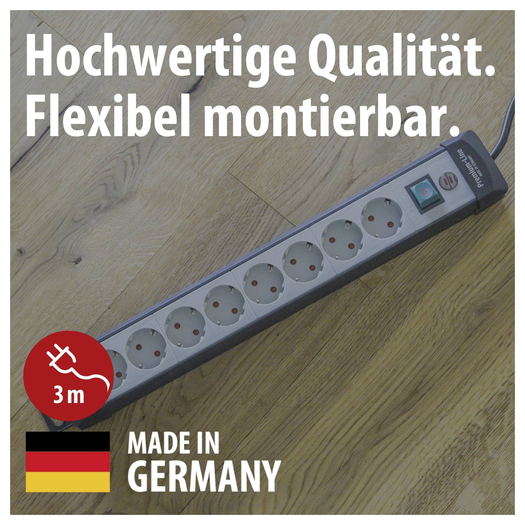 Mehrfachsteckdose auf Holzboden mit Text 'Hochwertige Qualität. Flexibel montierbar.', 3 m und 'Made in Germany'.