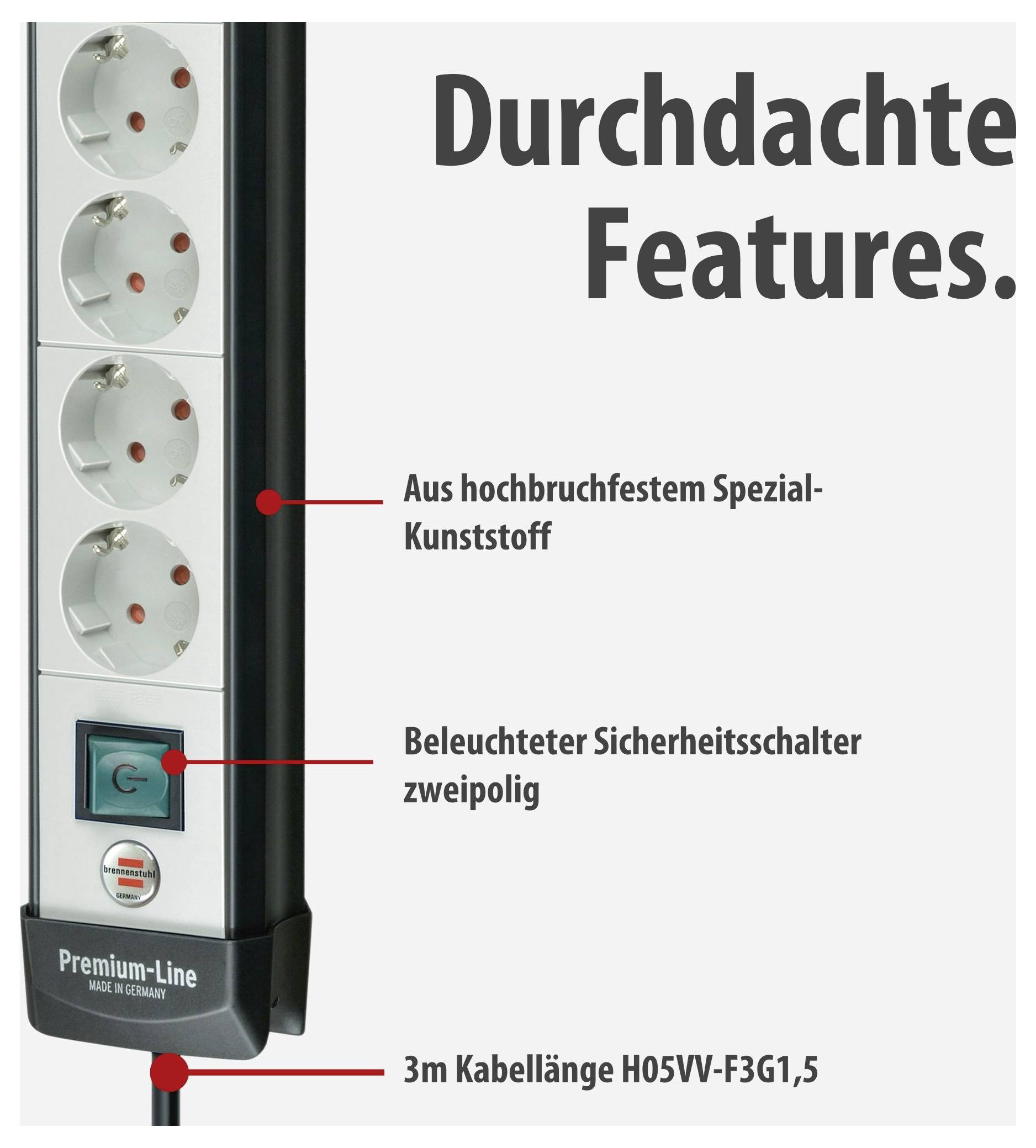 Werbung für eine Steckdosenleiste mit 4 Steckdosen und beleuchtetem Sicherheitsschalter; zeigt 'Durchdachte Features', Hochbruchfestigkeit und 3 m Kabel.