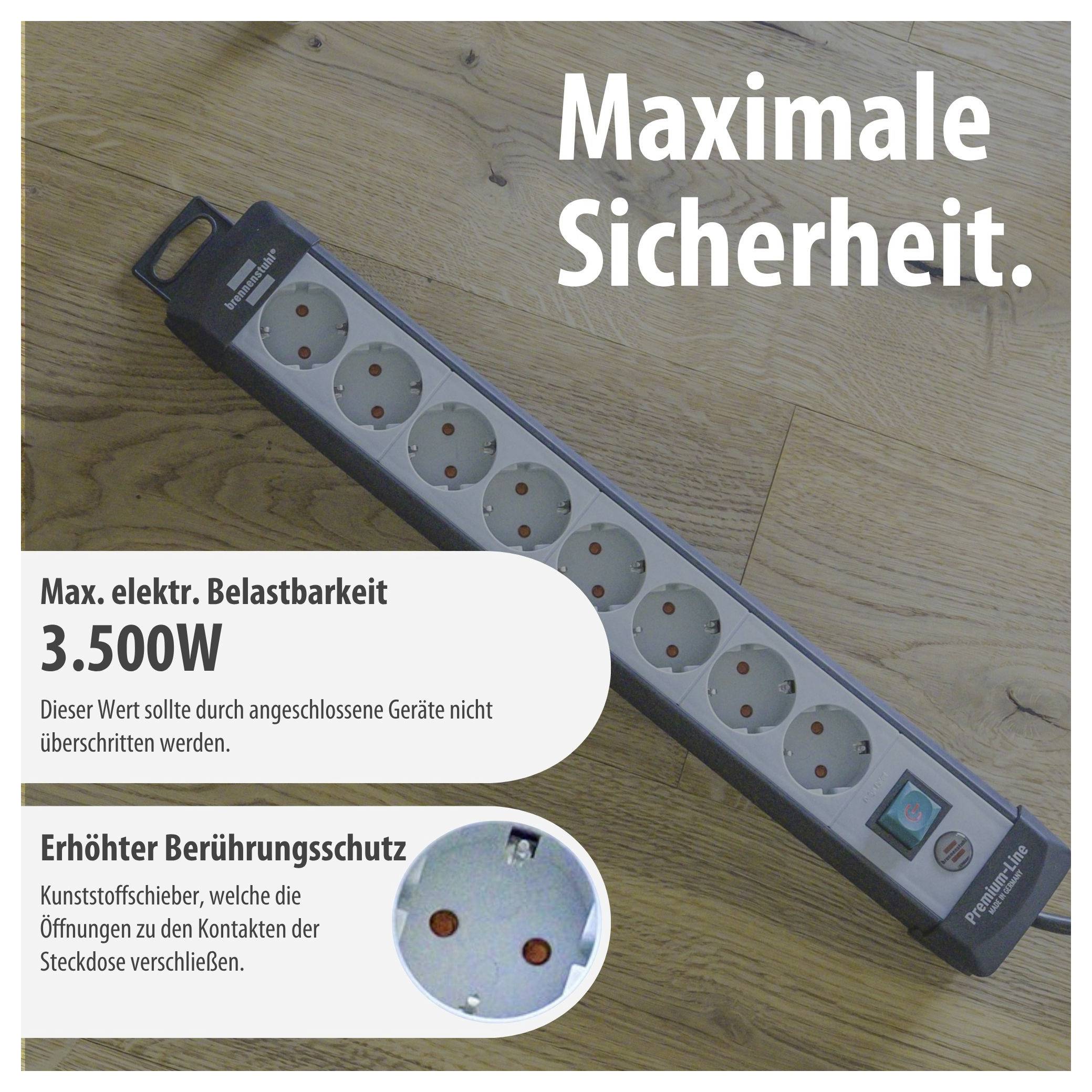 Steckdosenleiste auf Holzboden mit Text 'Maximale Sicherheit', 3.500W Maximalbelastbarkeit und erhöhtem Berührungsschutz durch Kunststoffschieber.