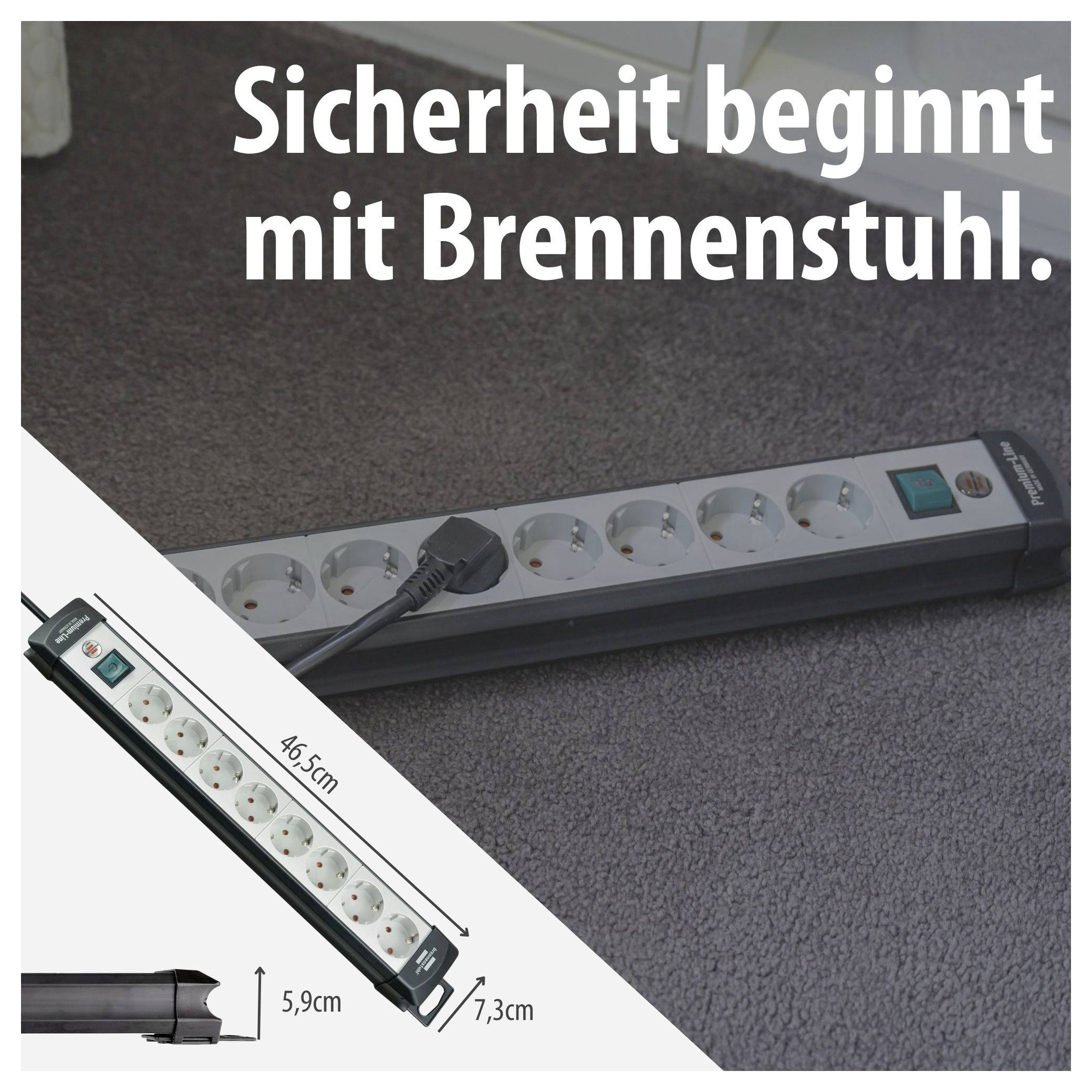 Werbegrafik einer Steckdosenleiste von Brennenstuhl mit dem Slogan 'Sicherheit beginnt mit Brennenstuhl.' sowie Maßangaben 46,5 cm, 5,9 cm und 7,3 cm.