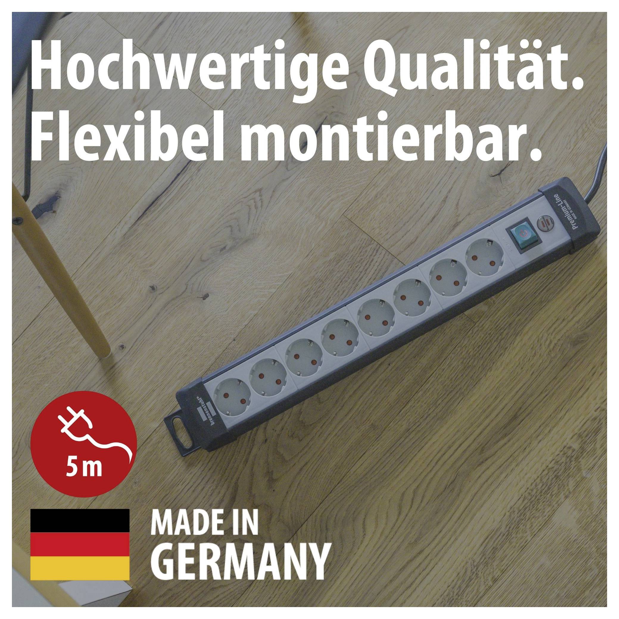 Steckdosenleiste auf Holzboden mit Text 'Hochwertige Qualität. Flexibel montierbar.', 5 m und 'Made in Germany'.