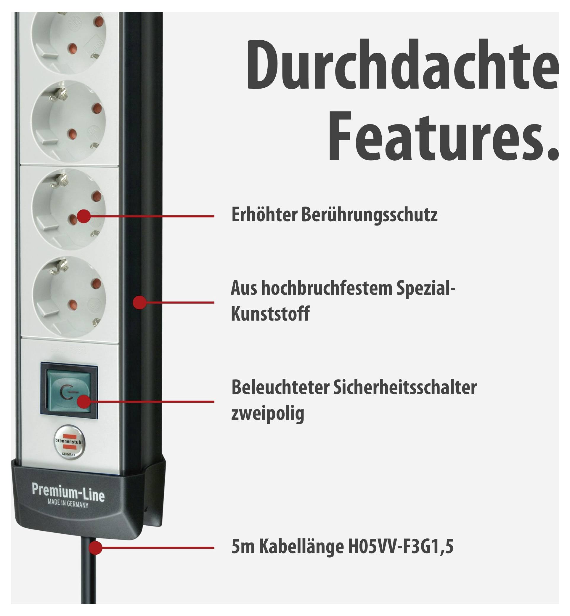 Werbung für eine Steckdosenleiste 'Durchdachte Features' mit Hinweis auf Berührungsschutz, Spezial-Kunststoff, beleuchteten Sicherheitsschalter und 5-m-Kabel.