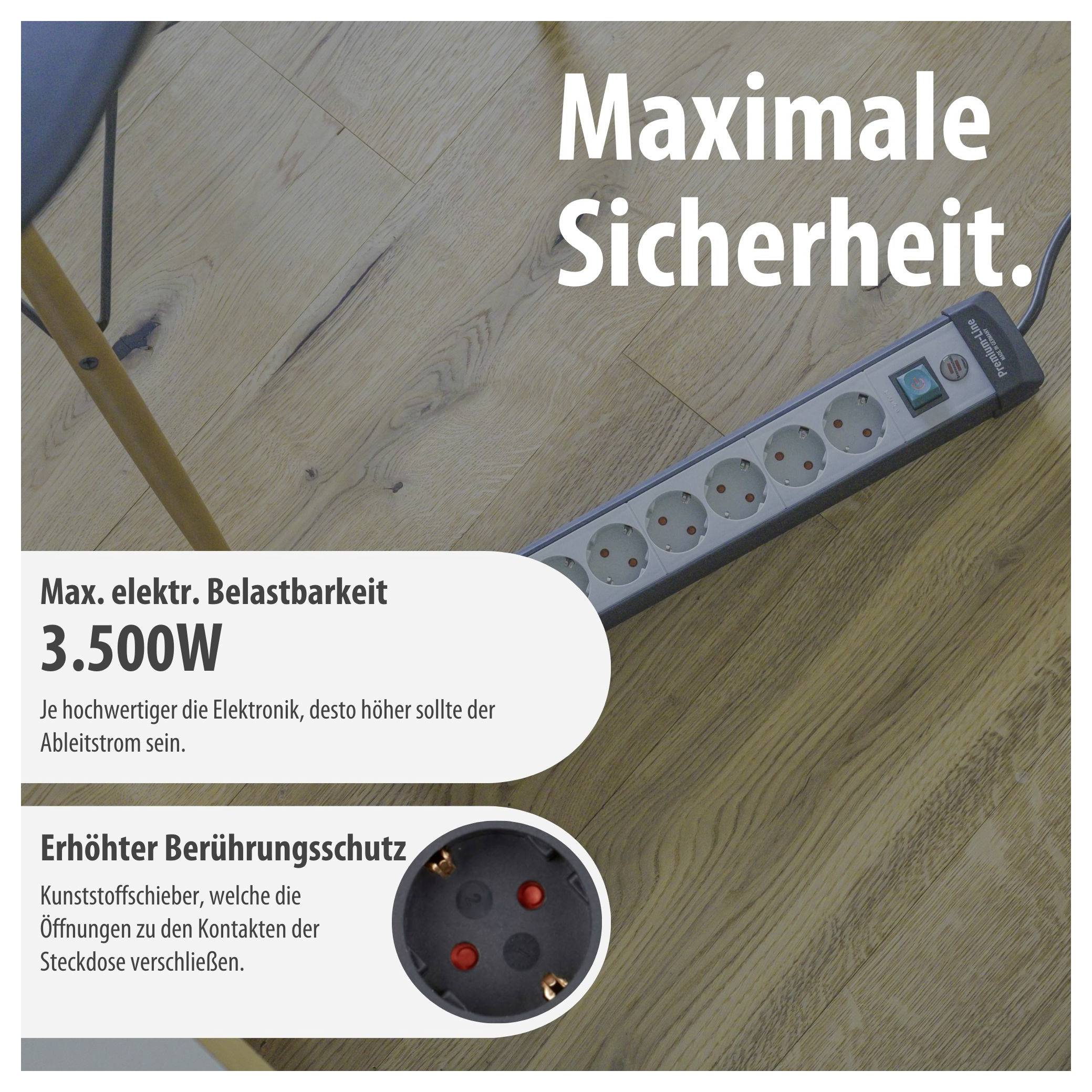 Werbung für eine Steckdosenleiste: 'Maximale Sicherheit', max. elektrische Belastbarkeit 3.500 W und erhöhter Berührungsschutz durch Kunststoffschieber.