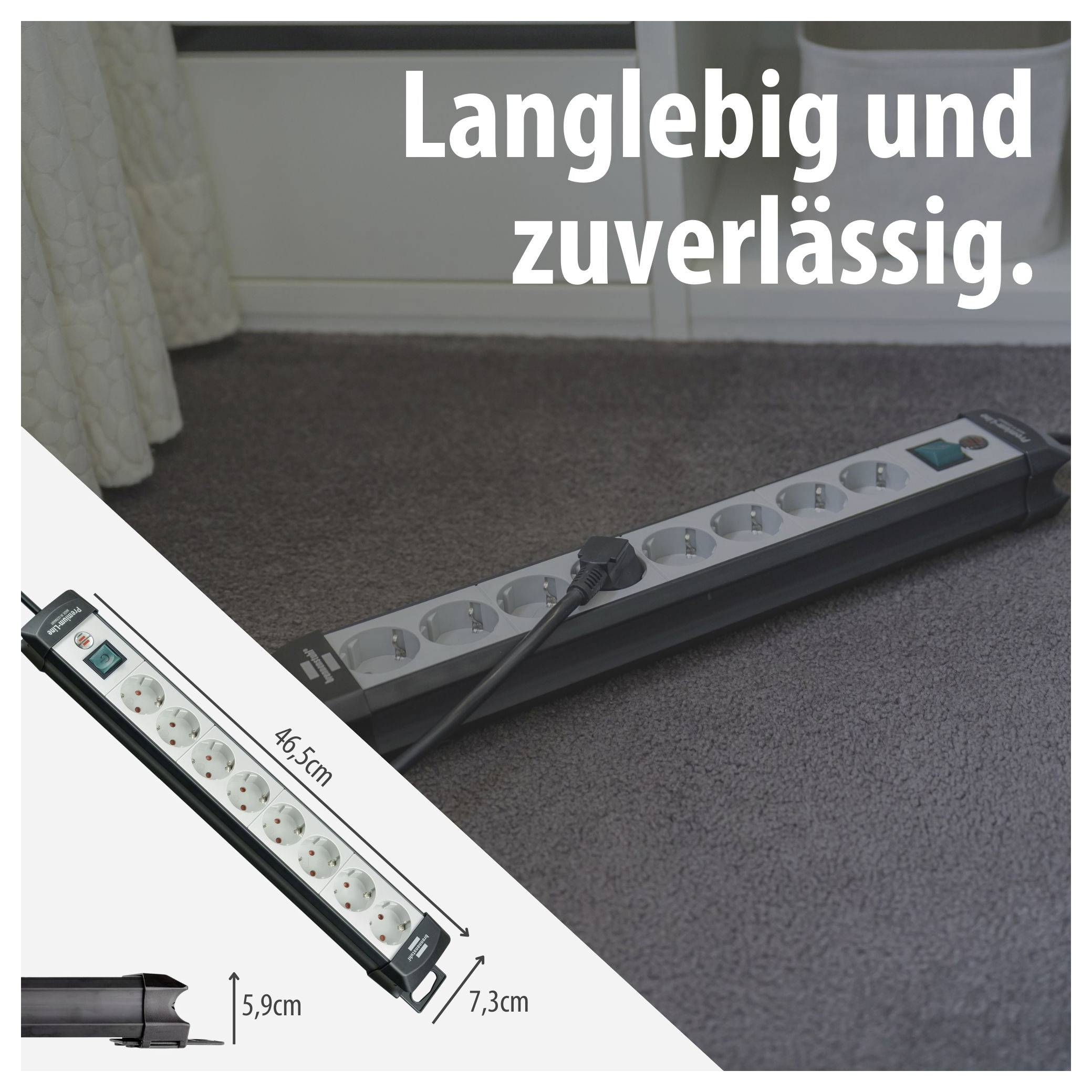Steckdosenleiste auf Teppich mit Text 'Langlebig und zuverlässig.'; unten Produktabbildung mit Maßen 46,5 cm, 5,9 cm und 7,3 cm.
