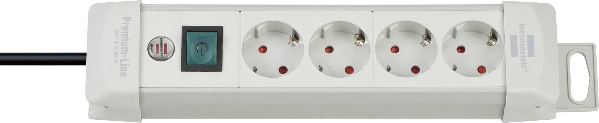 Mehrfachsteckdose mit vier Steckdosen, einem Netzschalter und einem angeschlossenen schwarzen Kabel, von oben dargestellt.