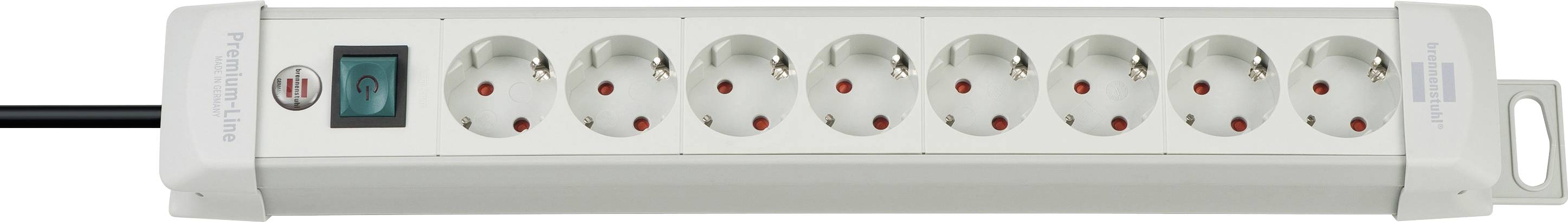 Weiße Steckdosenleiste mit sieben europäischen Steckdosen, einem blau beleuchteten Ein-/Ausschalter und einem schwarzen Stromkabel auf der linken Seite.