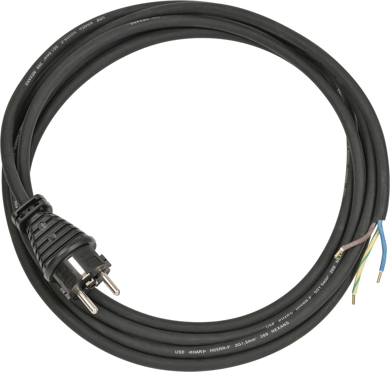 Ein schwarzes Stromkabel mit Stecker und offenen Drähten am anderen Ende, geeignet für Elektroinstallationen.
