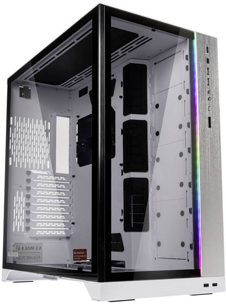 PC-Gehäuse mit Glasfenster, mehreren Laufwerksschächten, RGB-Leiste und seitlichen Anschlüssen.