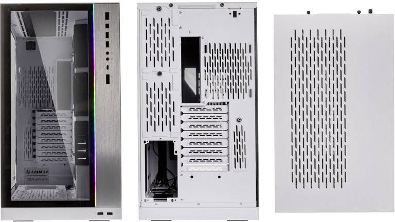 Gehäuseansicht eines Computer-PCs: Vorderseite mit Sichtfenster, Rückseite mit Lüftungsschlitzen und Seitenwand mit Belüftungsmuster.