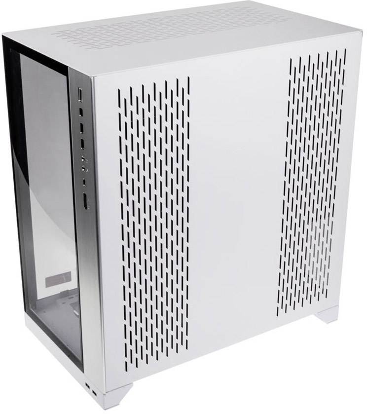Weißes PC-Gehäuse mit seitlichem Glasfenster und Lüftungsschlitzen.