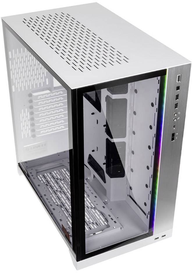 Ein silberfarbenes PC-Gehäuse mit Panoramaglas-Seitenwand, mehreren USB- und Audiobuchsen sowie einer RGB-Lichtleiste an der Front.