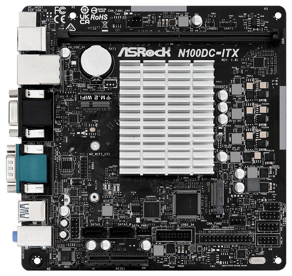 ASRock N100DC-ITX, Intel, NA (integrated CPU), N100, DDR4-SDRAM, 32 GB, DIMM