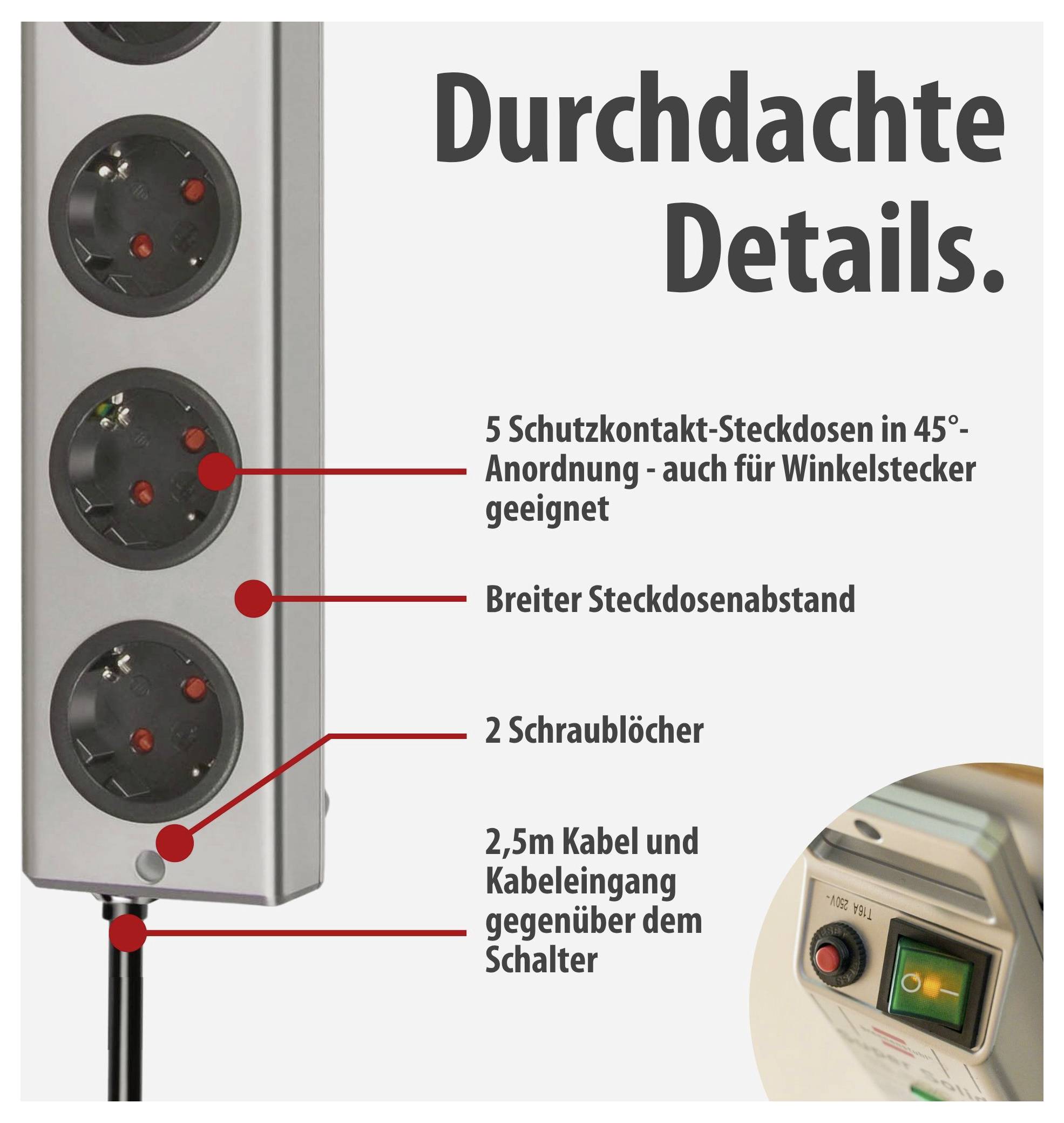 Werbeabbildung einer Steckdosenleiste mit vier Schuko-Steckdosen in 45°-Anordnung; beschriftet mit Abstand, 2 Schraublöchern sowie 2,5-m-Kabel und Schalter.
