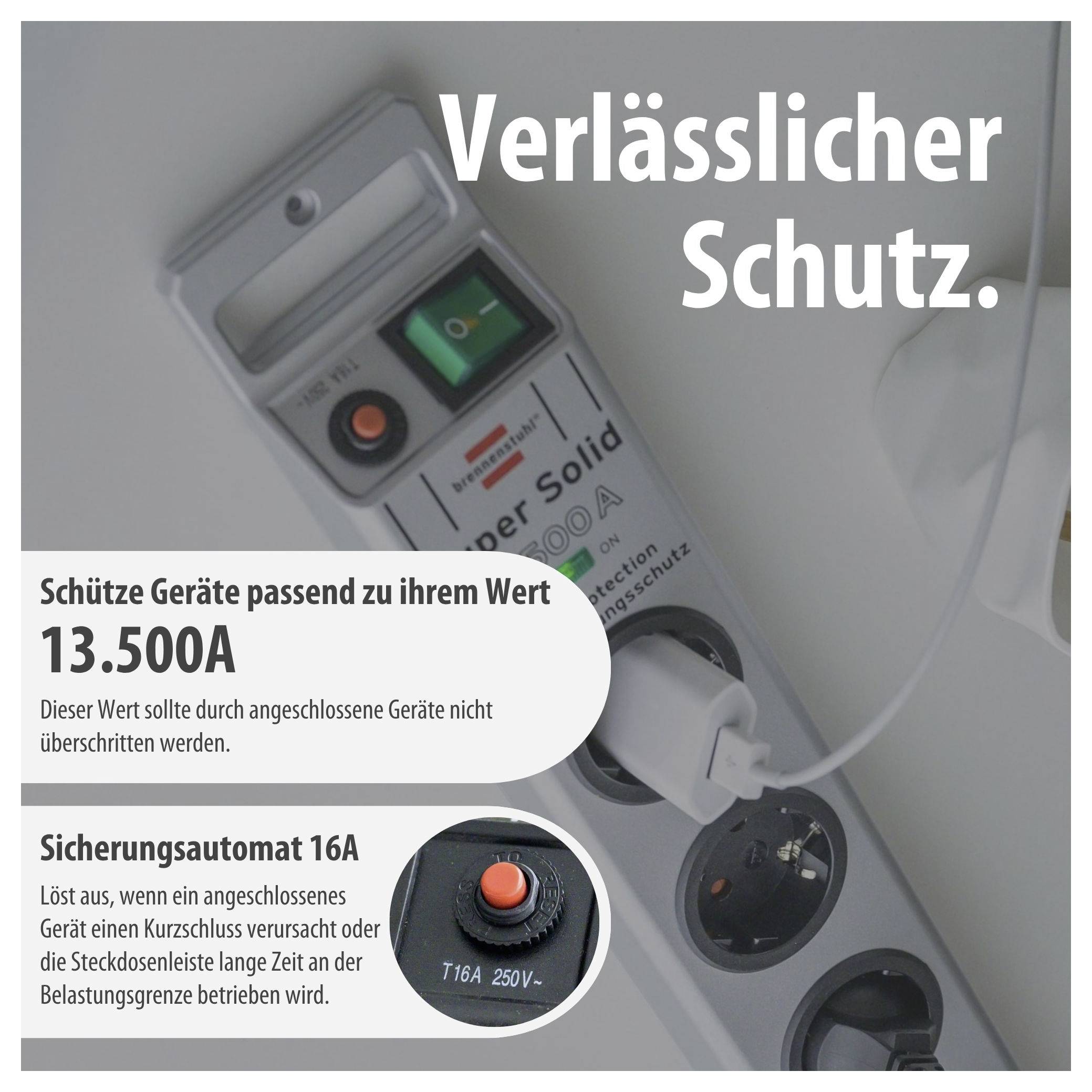 Werbung für einen Stromschutzadapter: 'Verlässlicher Schutz', passend für Geräte bis 13.500 A; Sicherungsautomat 16A wird erläutert.