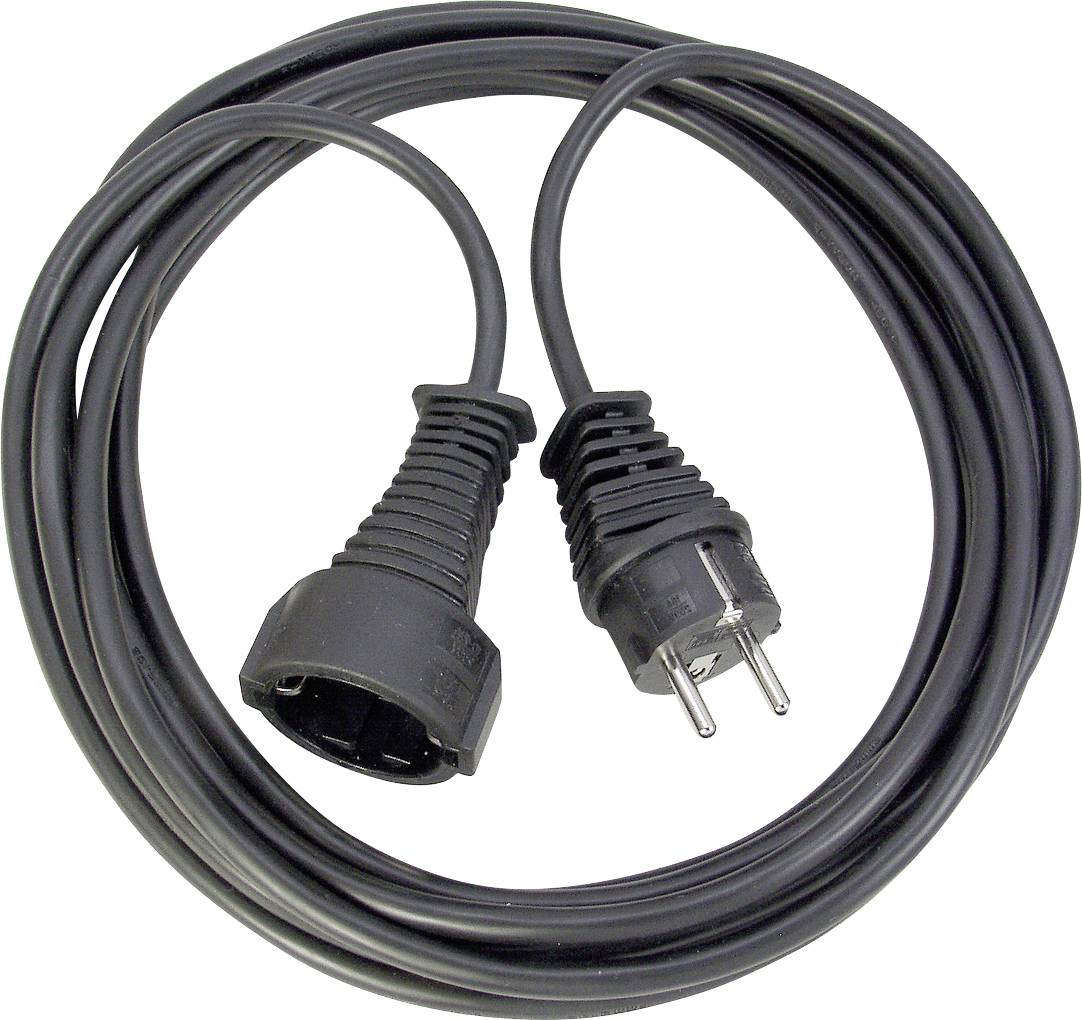 Schwarzes Stromverlängerungskabel mit einem zweipoligen Stecker an einem Ende und einer Buchse an der anderen Seite, aufgerollt auf weißem Hintergrund.