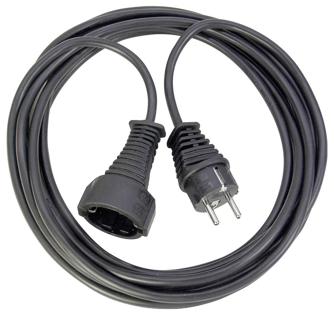 Schwarzes Stromverlängerungskabel mit zweipoligem Stecker an einem Ende und passender Steckdose am anderen Ende, aufgerollt auf weißem Hintergrund.
