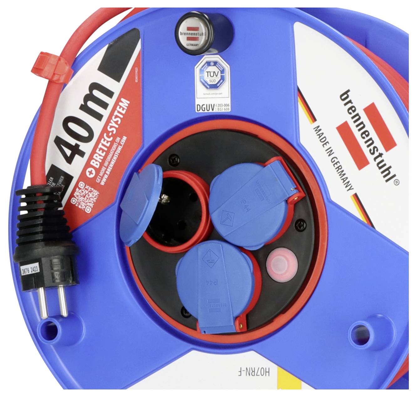 Blaue Brennenstuhl Kabeltrommel 40m mit drei abgedeckten Steckdosen und rotem Stromkabel, gekennzeichnet mit TÜV und Made in Germany.