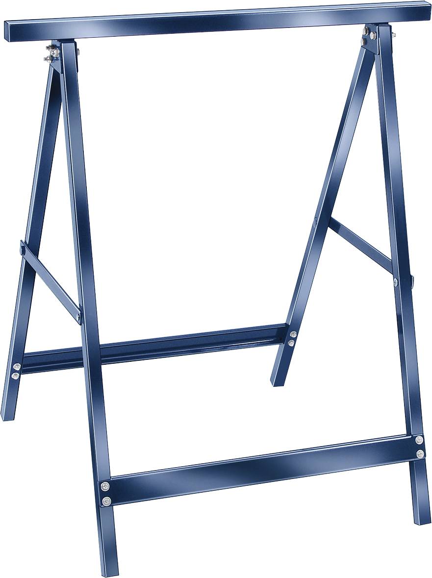 Blaues Metallsägebock mit einstellbaren klappbaren Beinen, geöffnet und allein auf weißem Hintergrund stehend.