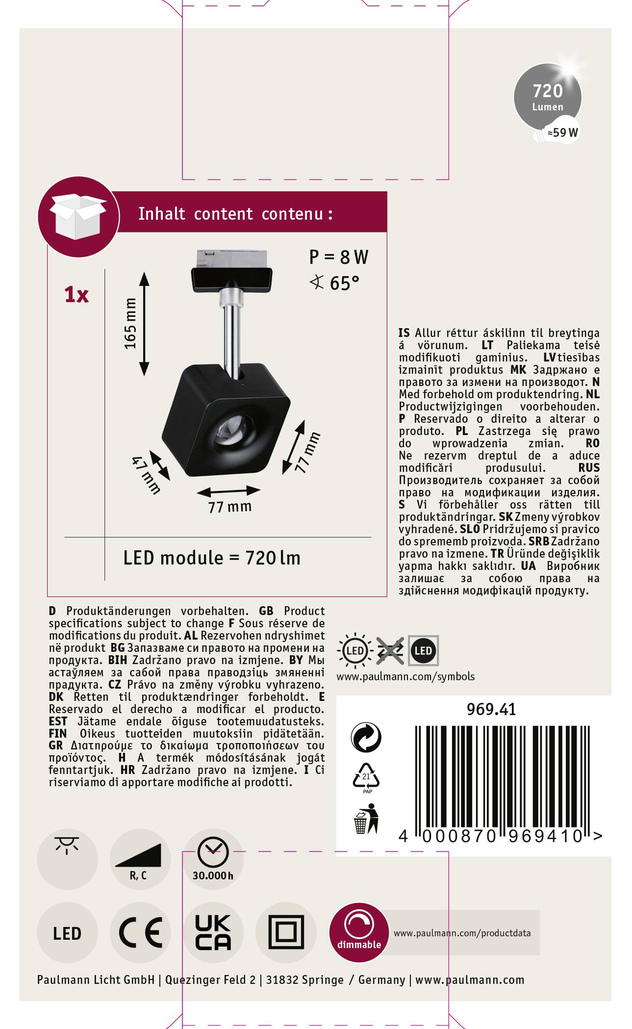 Paulmann Hochvolt-Schienensystem-Leuchte URail LED fest eingebaut 8W LED Schwarz (matt), Chrom