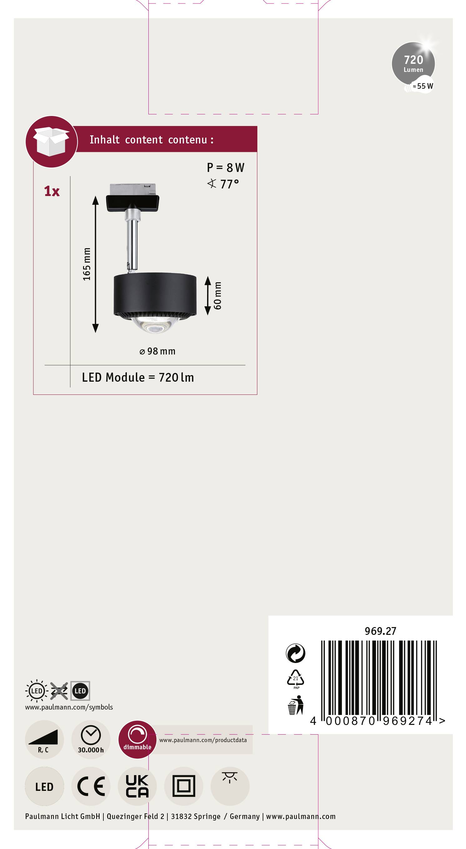 Paulmann URail Aldan Hochvolt-Schienensystem-Leuchte URail LED fest eingebaut 9W LED Schwarz (matt)