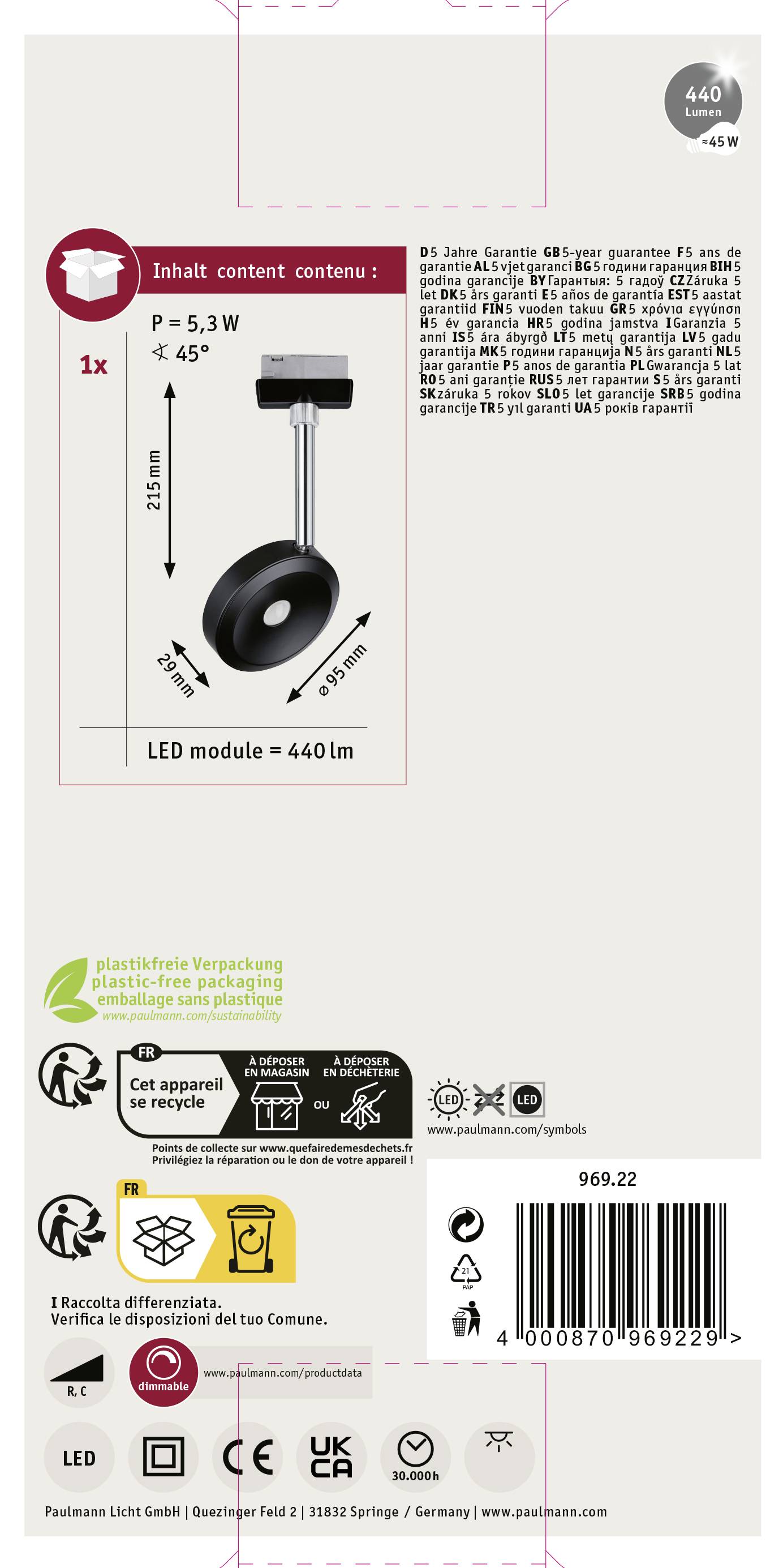 Paulmann Hochvolt-Schienensystem-Leuchte URail LED fest eingebaut 5W LED Schwarz (matt), Chrom