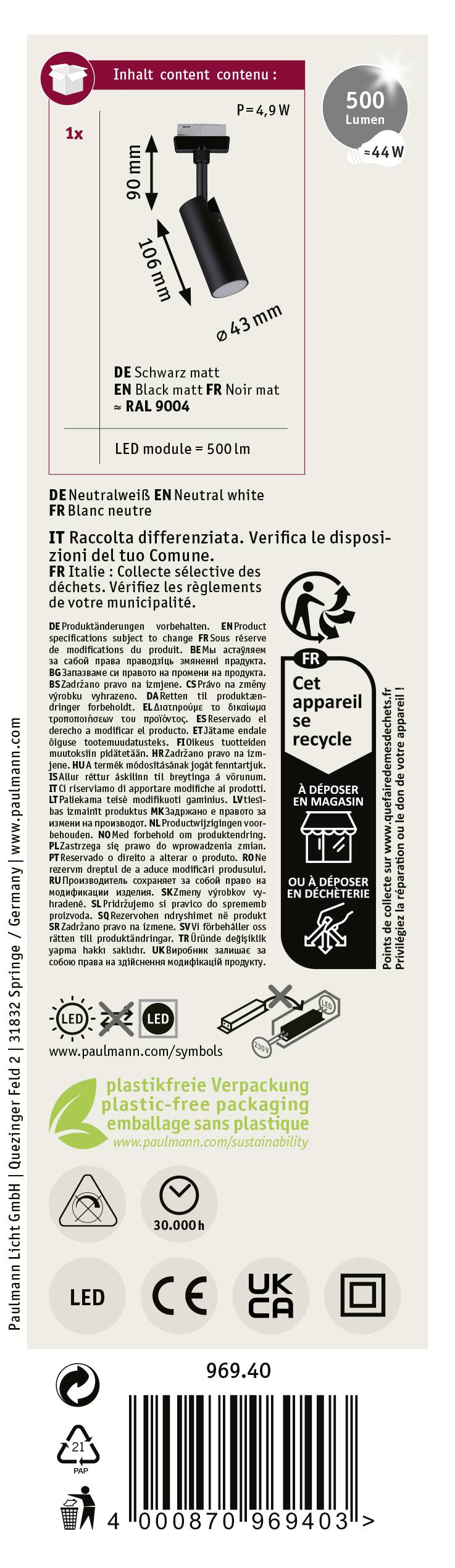 Paulmann Hochvolt-Schienensystem-Leuchte URail LED fest eingebaut 4.5W LED Schwarz (matt)