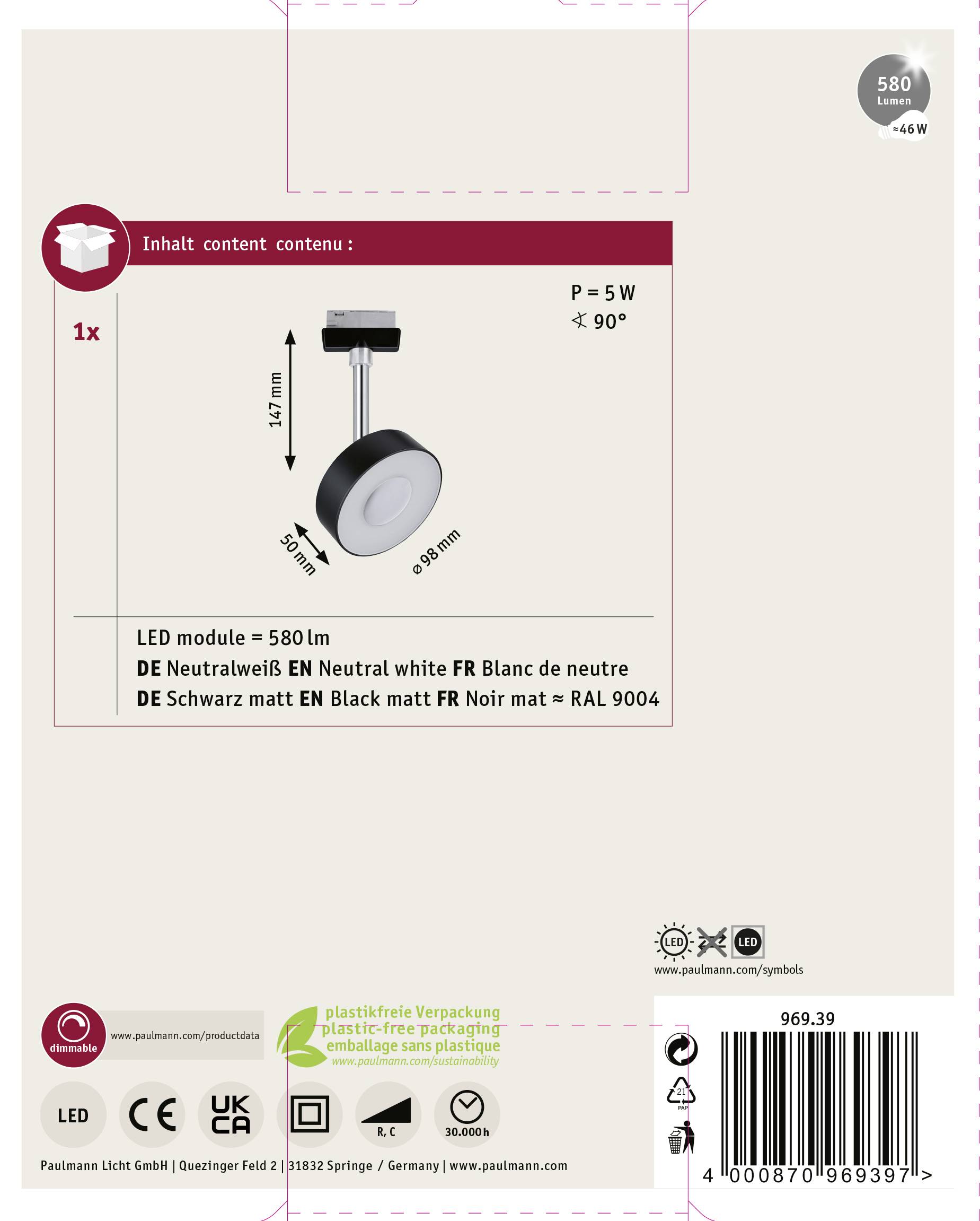 Paulmann Hochvolt-Schienensystem-Leuchte URail LED fest eingebaut 5W LED Schwarz (matt), Chrom