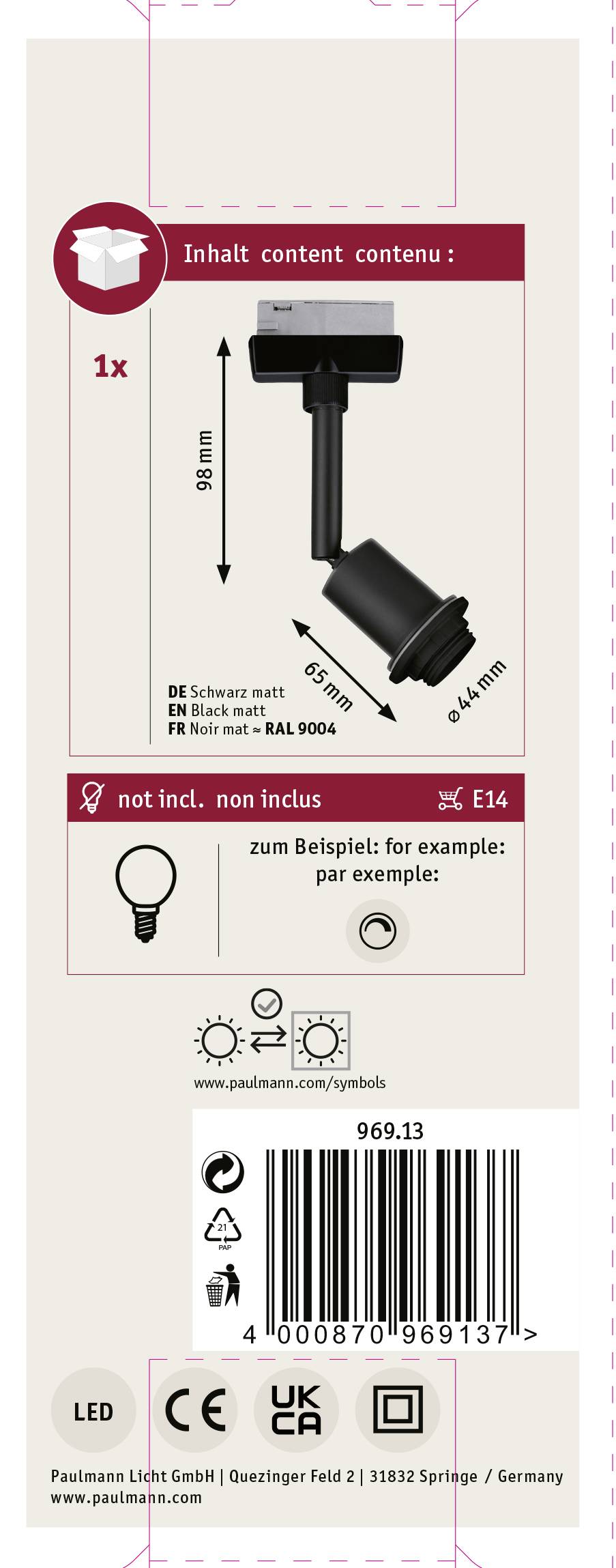 Paulmann Hochvolt-Schienensystem-Leuchte URail E14 Schwarz (matt)
