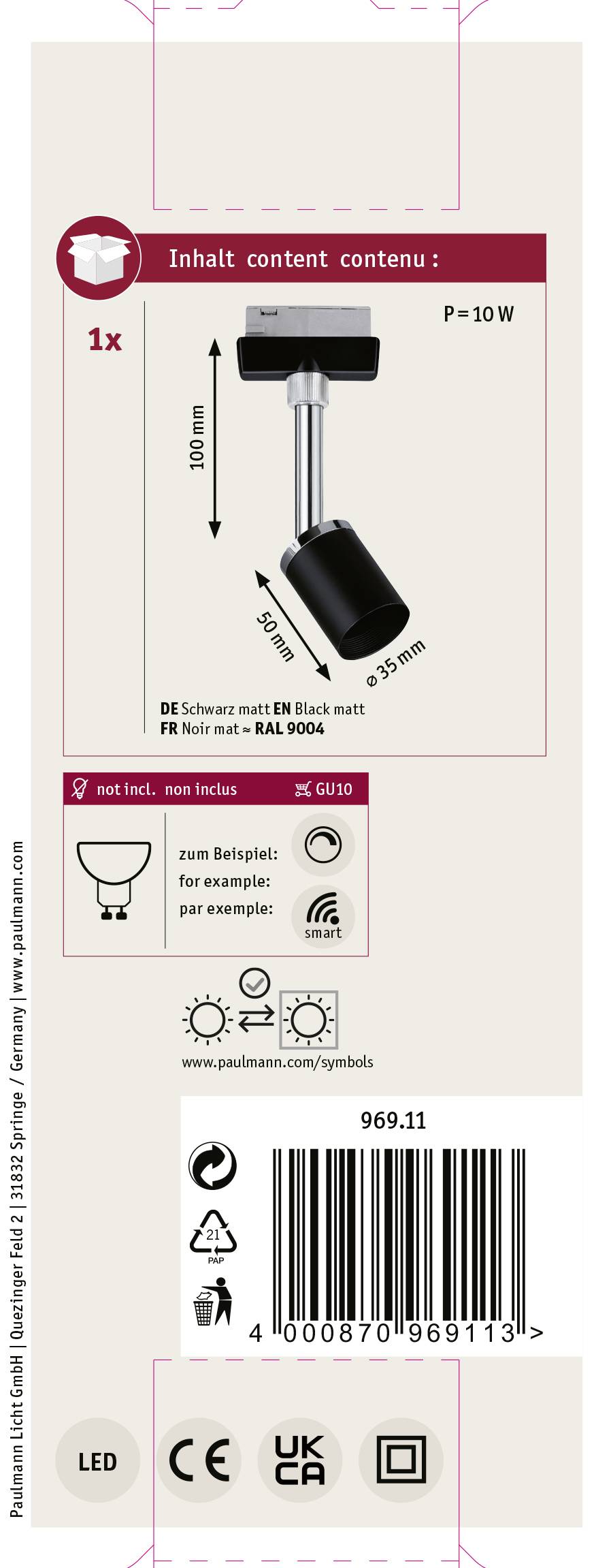 Paulmann Hochvolt-Schienensystem-Leuchte URail GU10 Schwarz (matt)