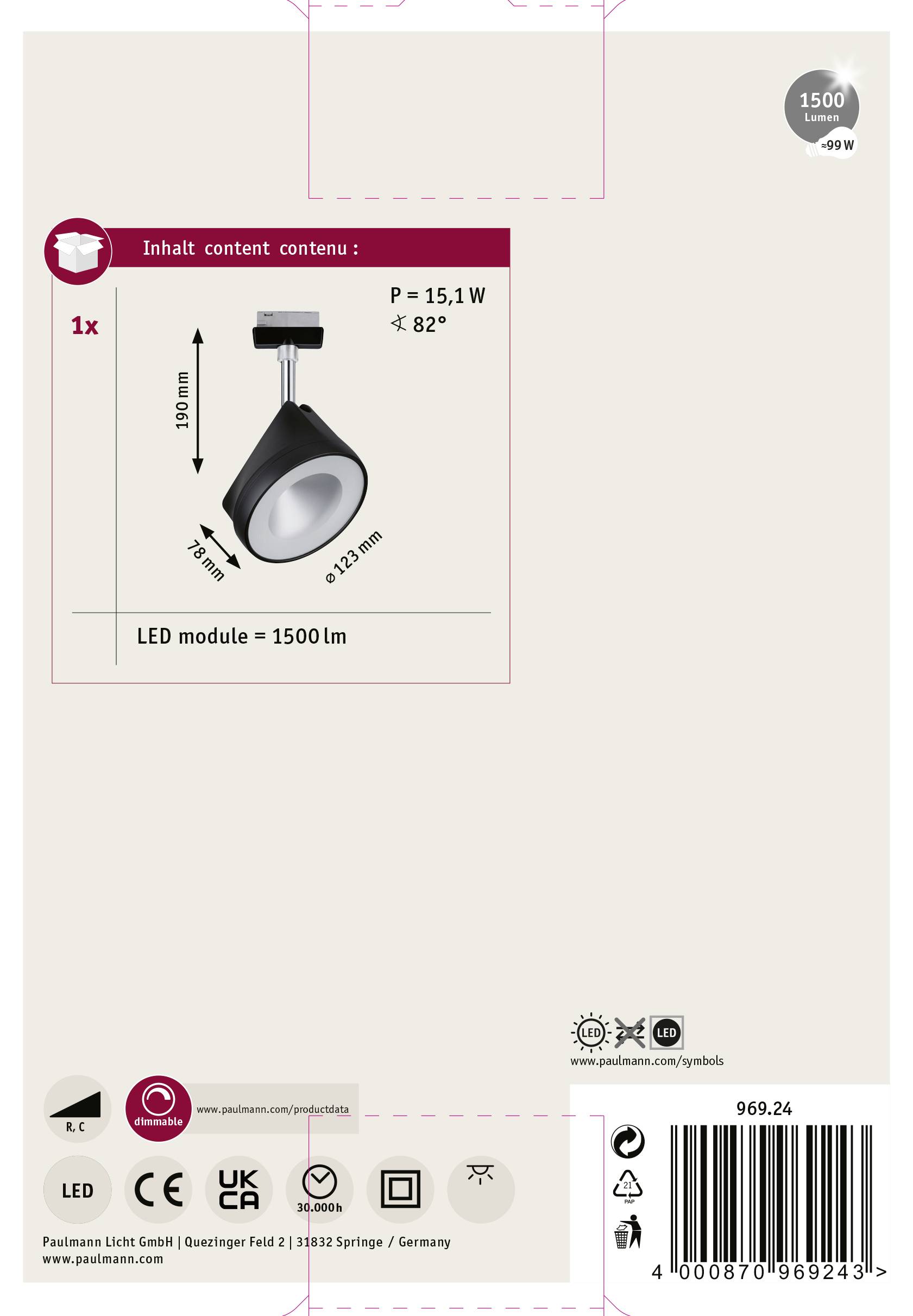 Paulmann Hochvolt-Schienensystem-Leuchte URail LED fest eingebaut 14W LED Schwarz (matt), Chrom