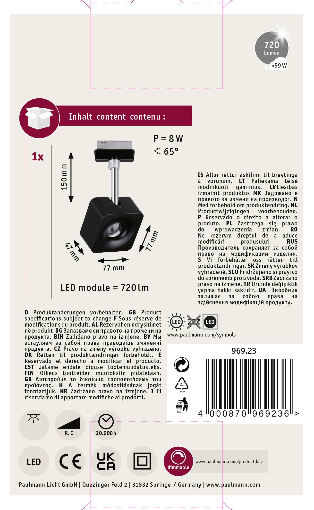 LED-Wandlampe, 8W, 720 Lumen, schwarze Farbe. Energieklasse F, Maße: 150 mm Höhe, 77 mm Breite. Enthält Montagematerial.