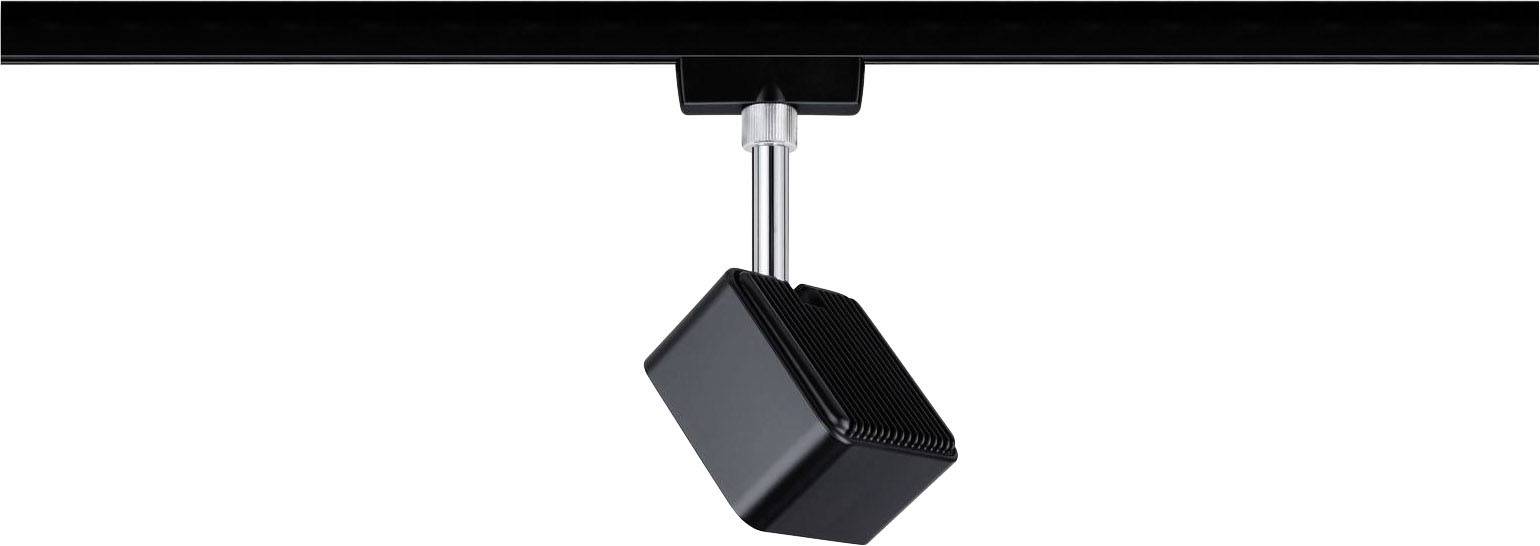 Eine schwarze, rechteckige Lampe hängt an einer Decke, montiert an einer Metallstange.