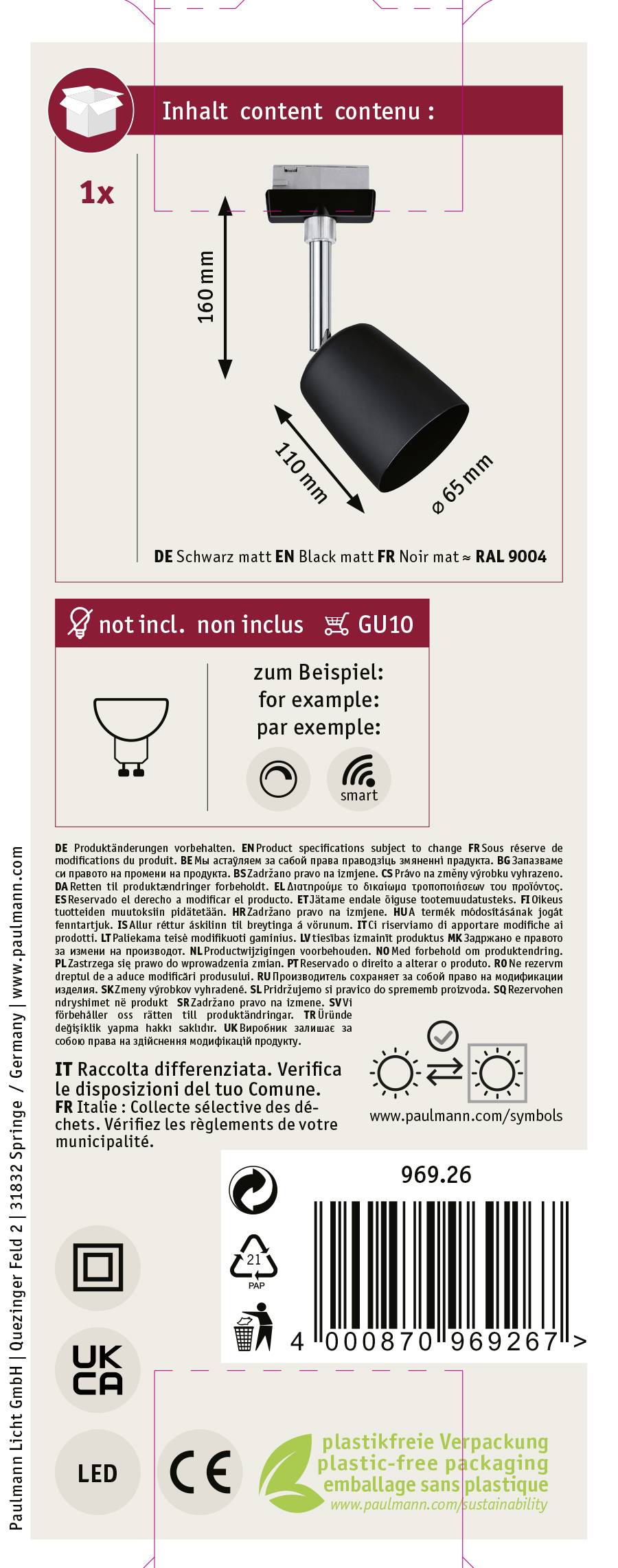 'Schwarz, matt' GU10 Lampenhalterung, Abmessungen: 110 mm x 65 mm. Verpackung ist plastikfrei. QR-Code und Recyclinginformationen enthalten.