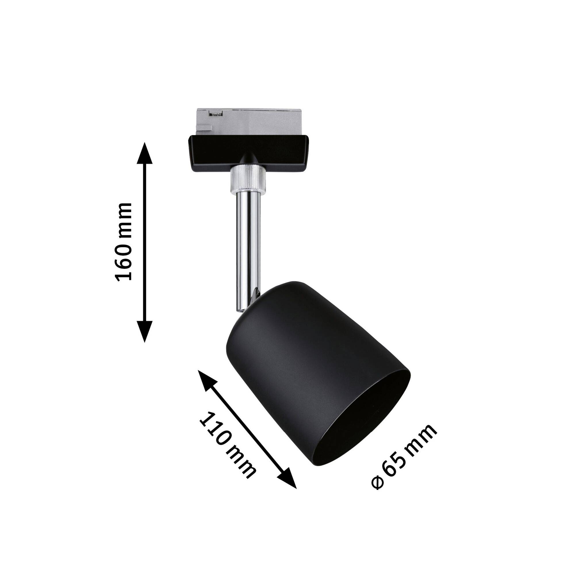 Eine schwarze Deckenleuchte mit verstellbarem Spot. Maße: Höhe 160 mm, Breite 110 mm, Durchmesser der Leuchte 65 mm.