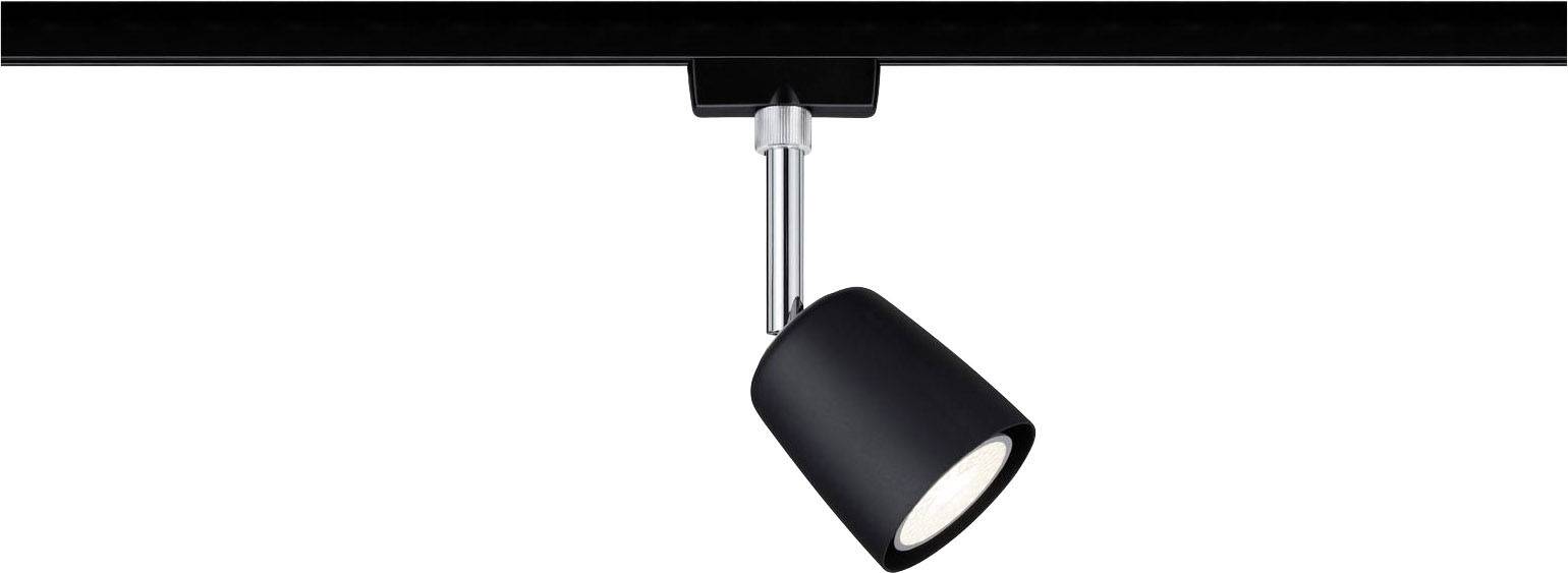 Ein schwarzer Spotstrahler, der an einer Schiene befestigt ist, beleuchtet eine Umgebung. Geeignet für gezielte Beleuchtung.