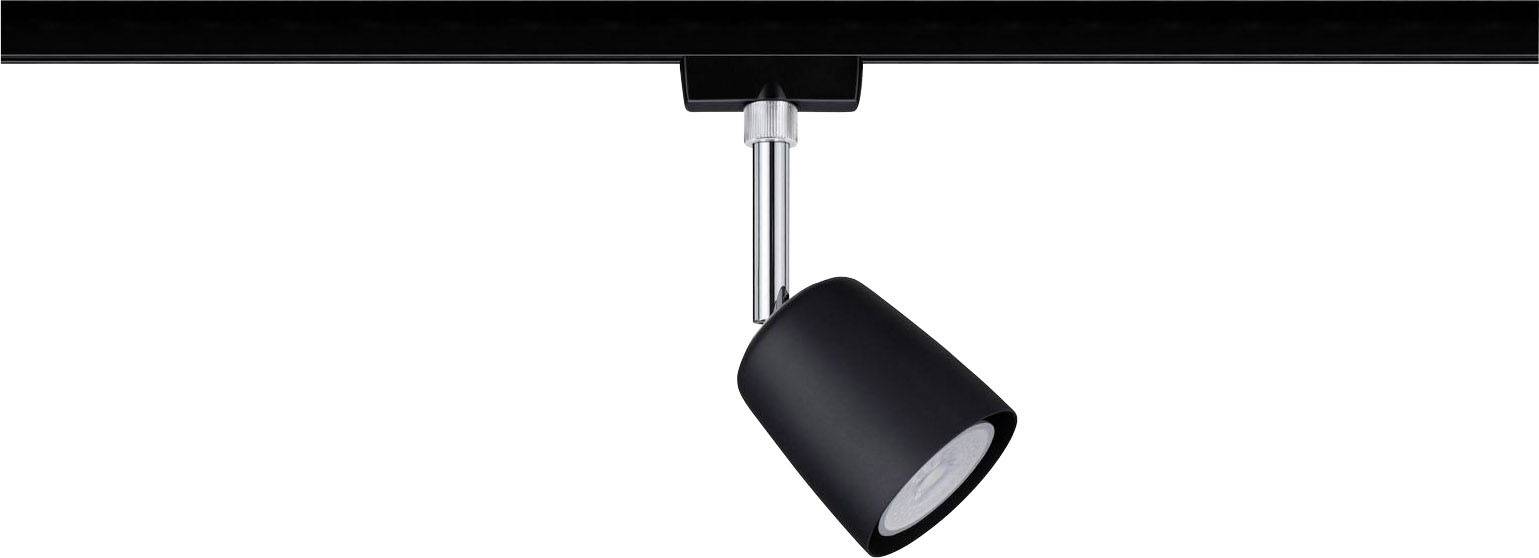 Eine schwarze Deckenleuchte, die an einer Metallschiene montiert ist, zeigt nach unten und beleuchtet einen Bereich darunter.
