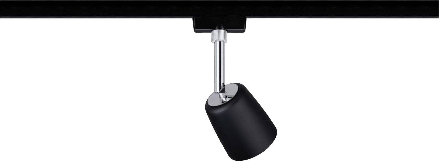 Schwarzer Deckenstrahler an einer Schiene, neigbar, zur gezielten Beleuchtung eines Raumbereichs.